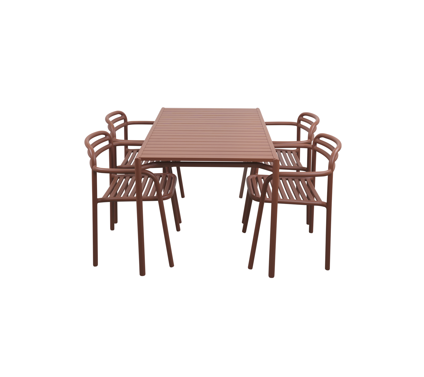 Table à manger rectangulaire brune entourée de six chaises assorties, présentant des conceptions à lattes pour une esthétique moderne.