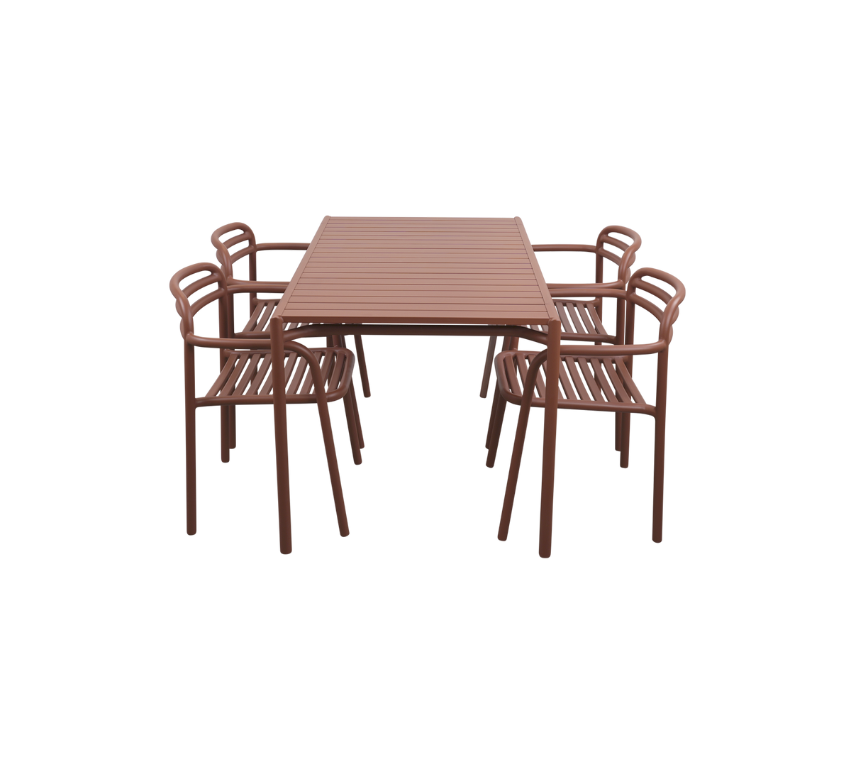 Table à manger rectangulaire brune entourée de six chaises assorties, présentant des conceptions à lattes pour une esthétique moderne.