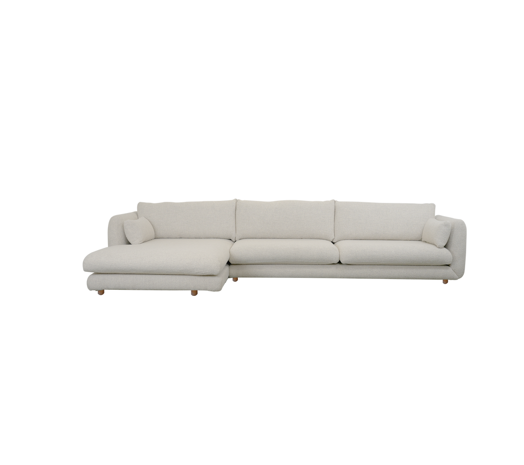 Canapé moderne de couleur sable avec un design modulable dans un style minimaliste.