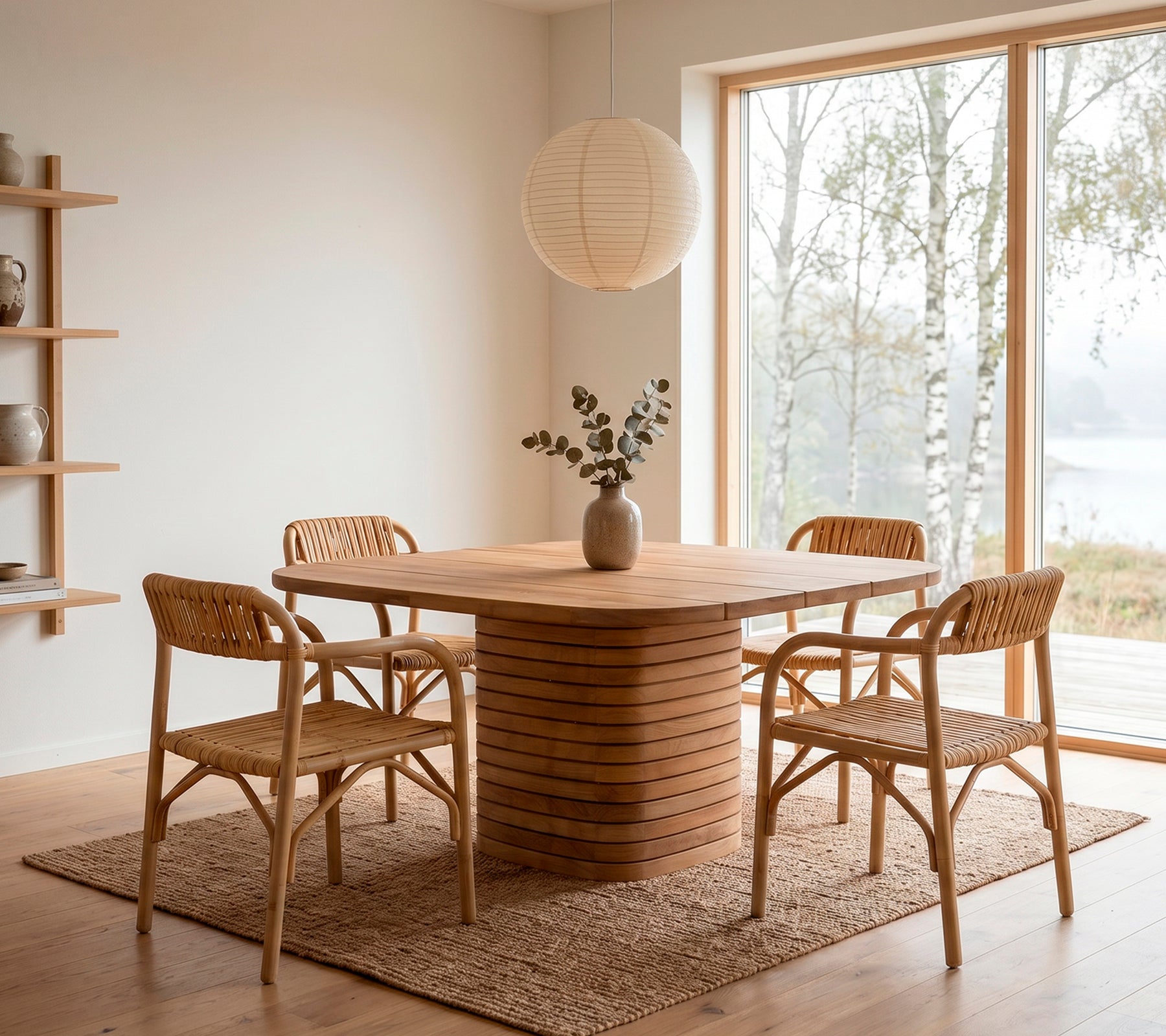 Table à manger en bois minimaliste avec des chaises en rotin et un vase de fleurs.