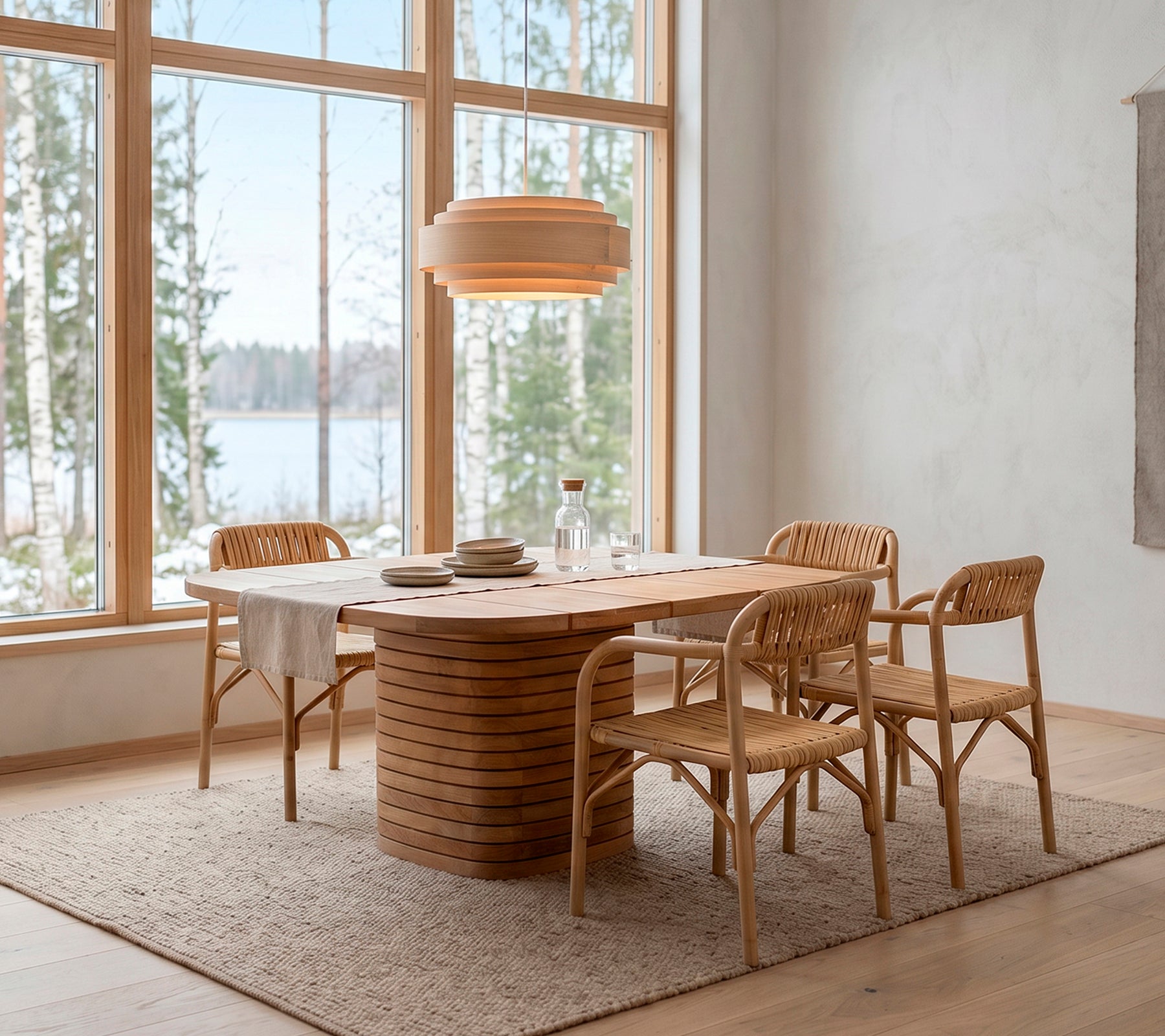 Table à manger en bois moderne entourée de chaises en rotin dans un cadre scandinave.