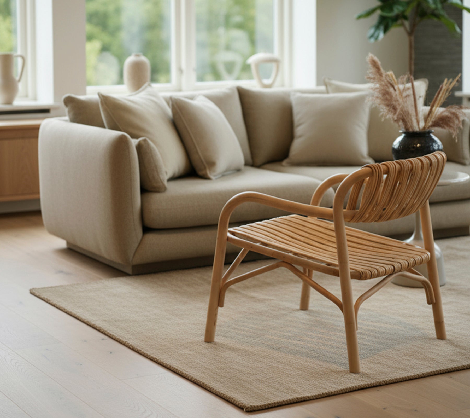 Salon moderne avec un canapé beige et une chaise tressée.