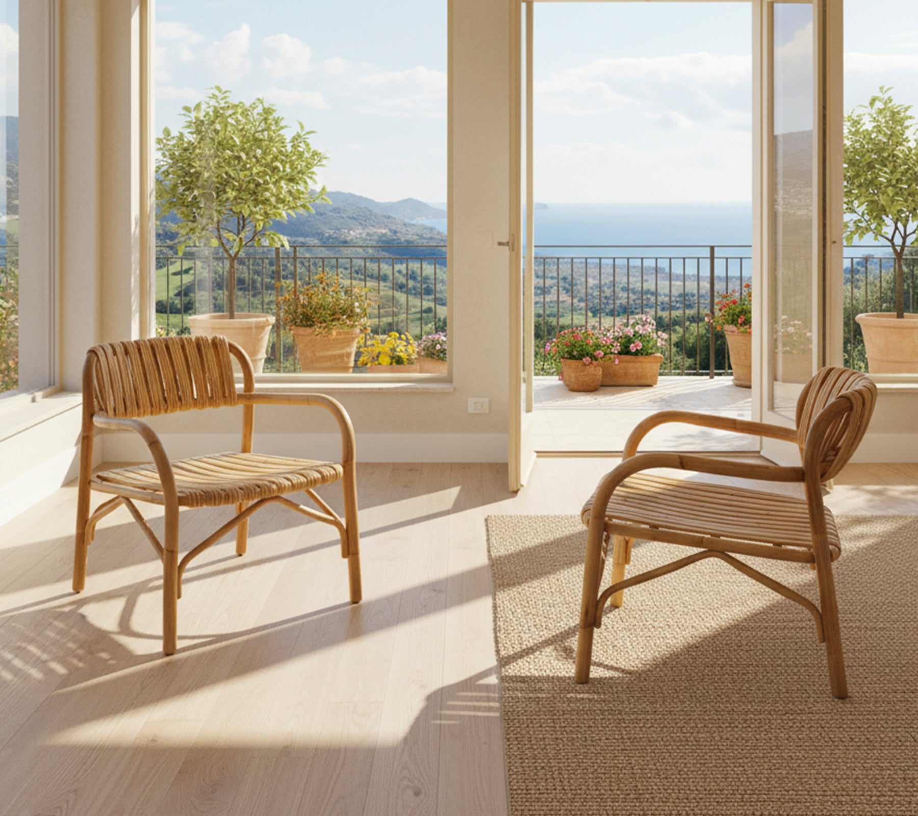 Deux chaises en rotin modernes positionnées dans un salon ensoleillé avec une vue pittoresque.