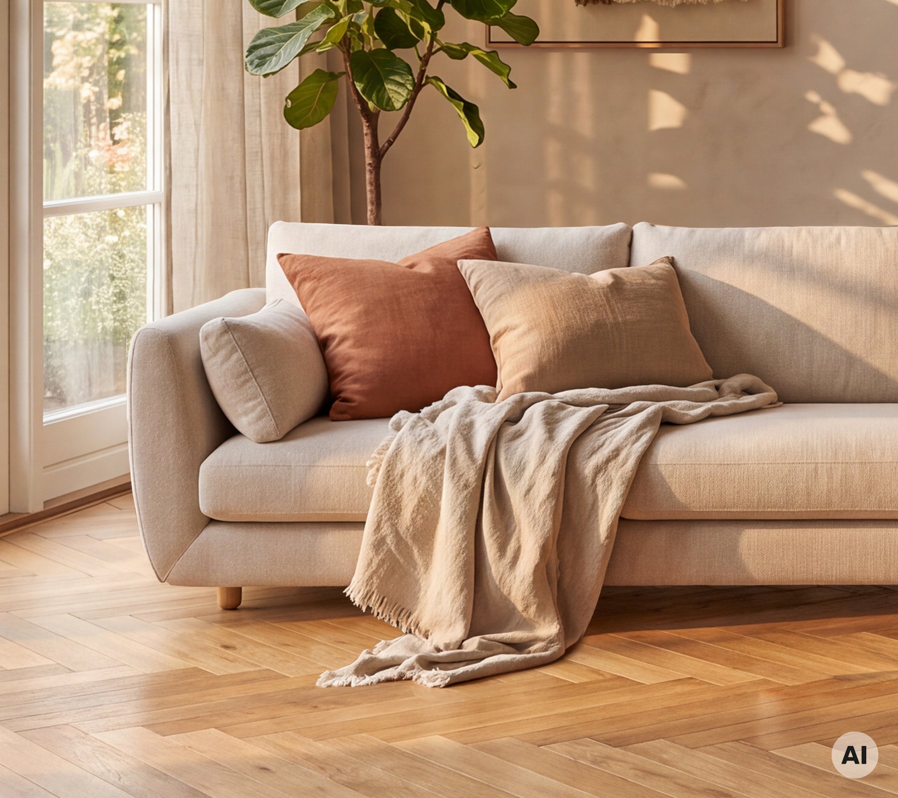 Canapé beige moderne orné de coussins bruns et gris clair, accentué par une couverture crème.