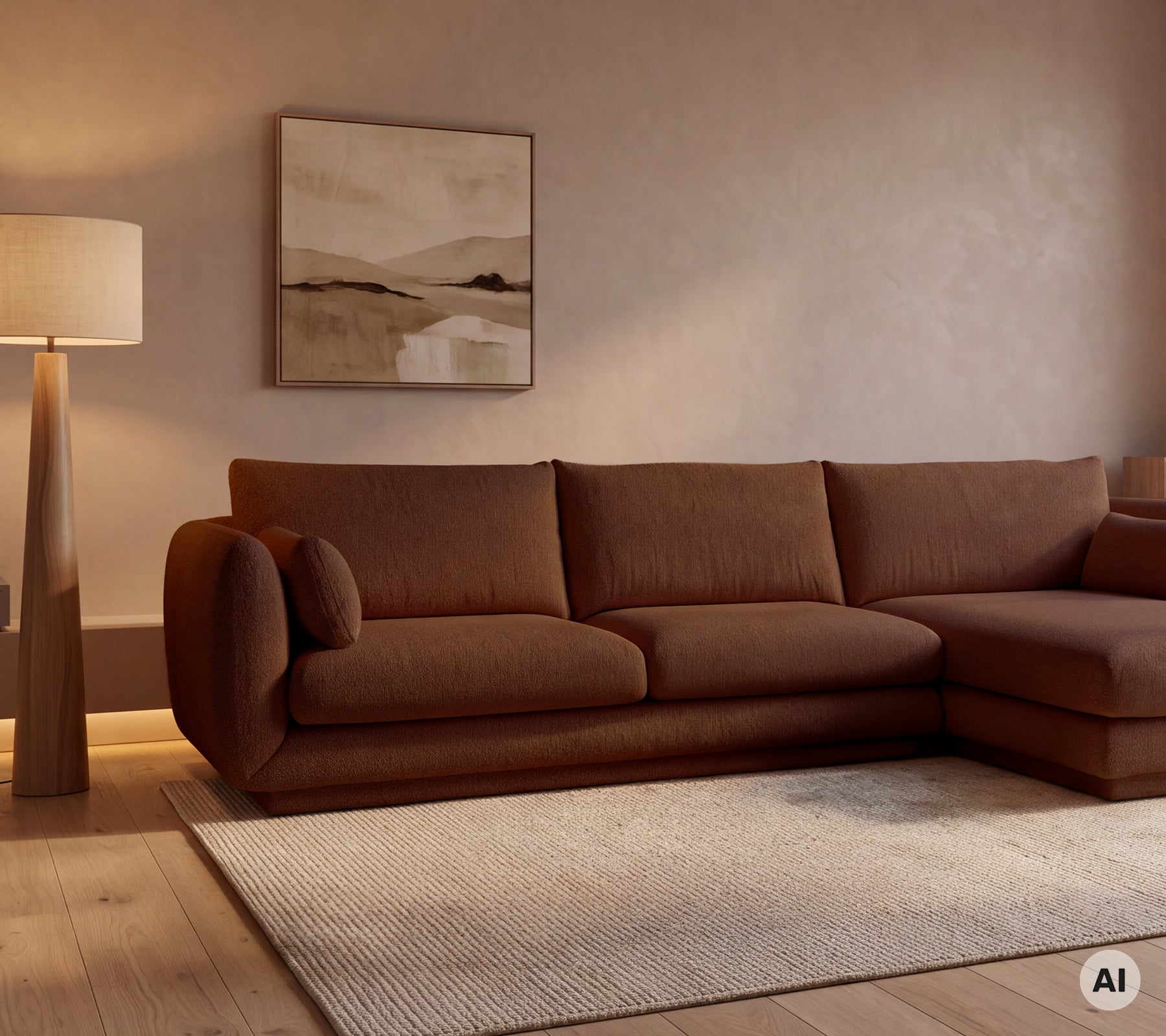 Canapé moderne marron avec un tapis beige et une lampe sur pied dans un cadre de salon chaleureux.