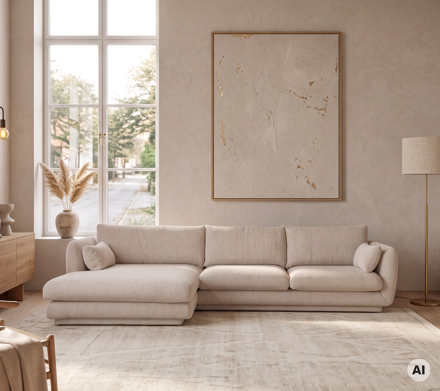 Canapé sectionnel beige clair associé à une lampe sur pied dans un environnement de salon moderne.