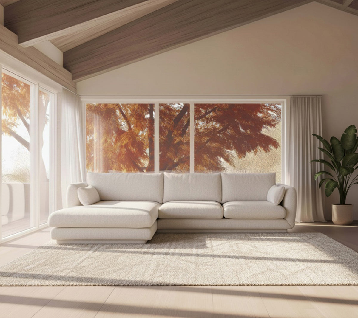 Canapé blanc moderne et tapis beige dans un cadre de salon minimaliste.