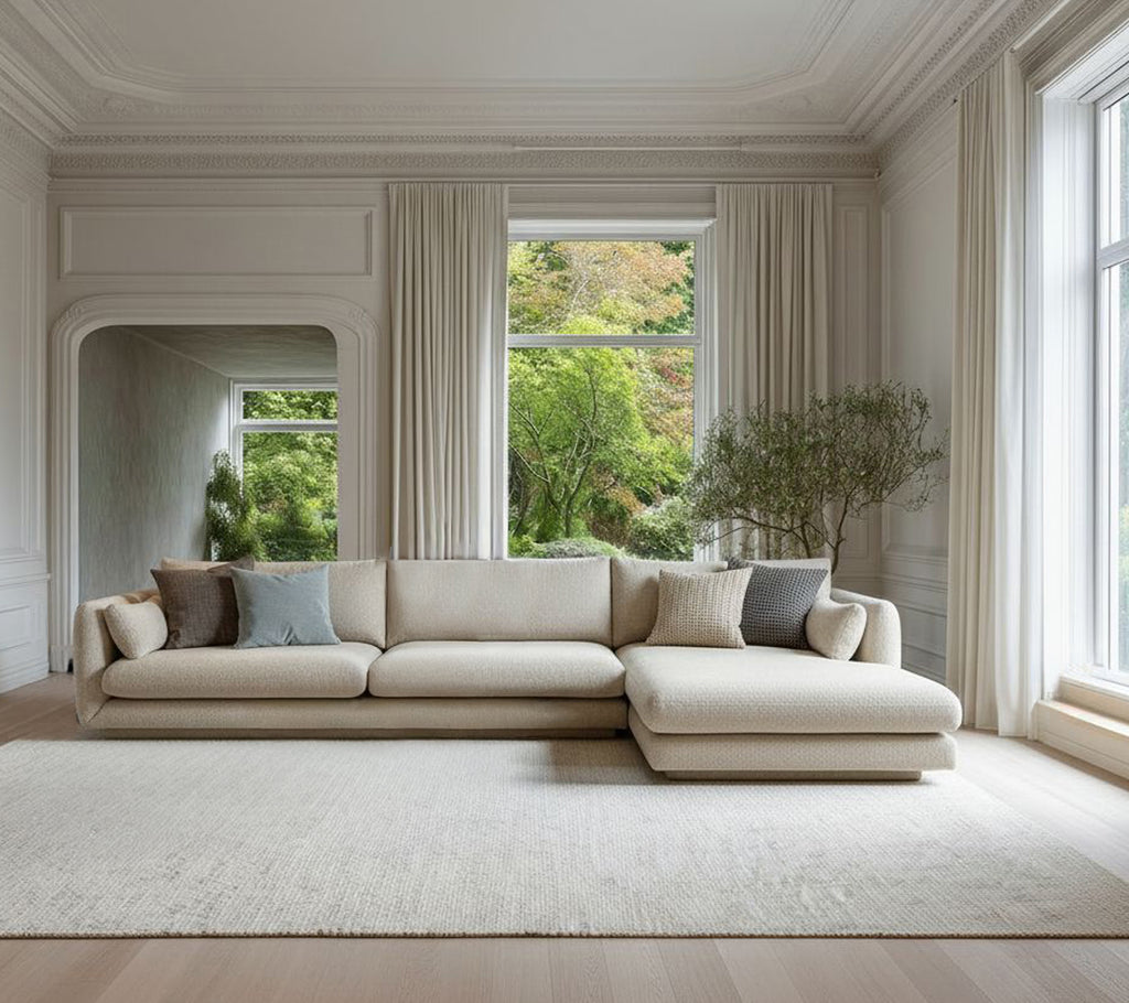 Canapé moderne beige avec des coussins gris dans un cadre de salon minimaliste.