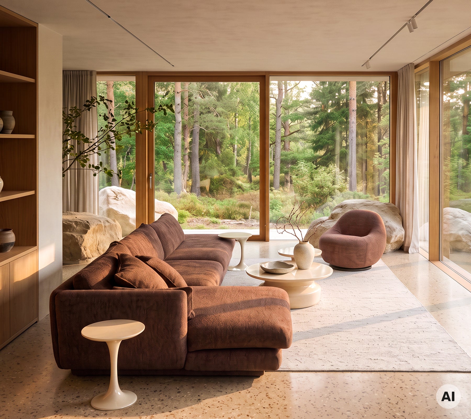 Salon moderne avec un canapé sectionnel marron, une table d'appoint blanche et un fauteuil marron.