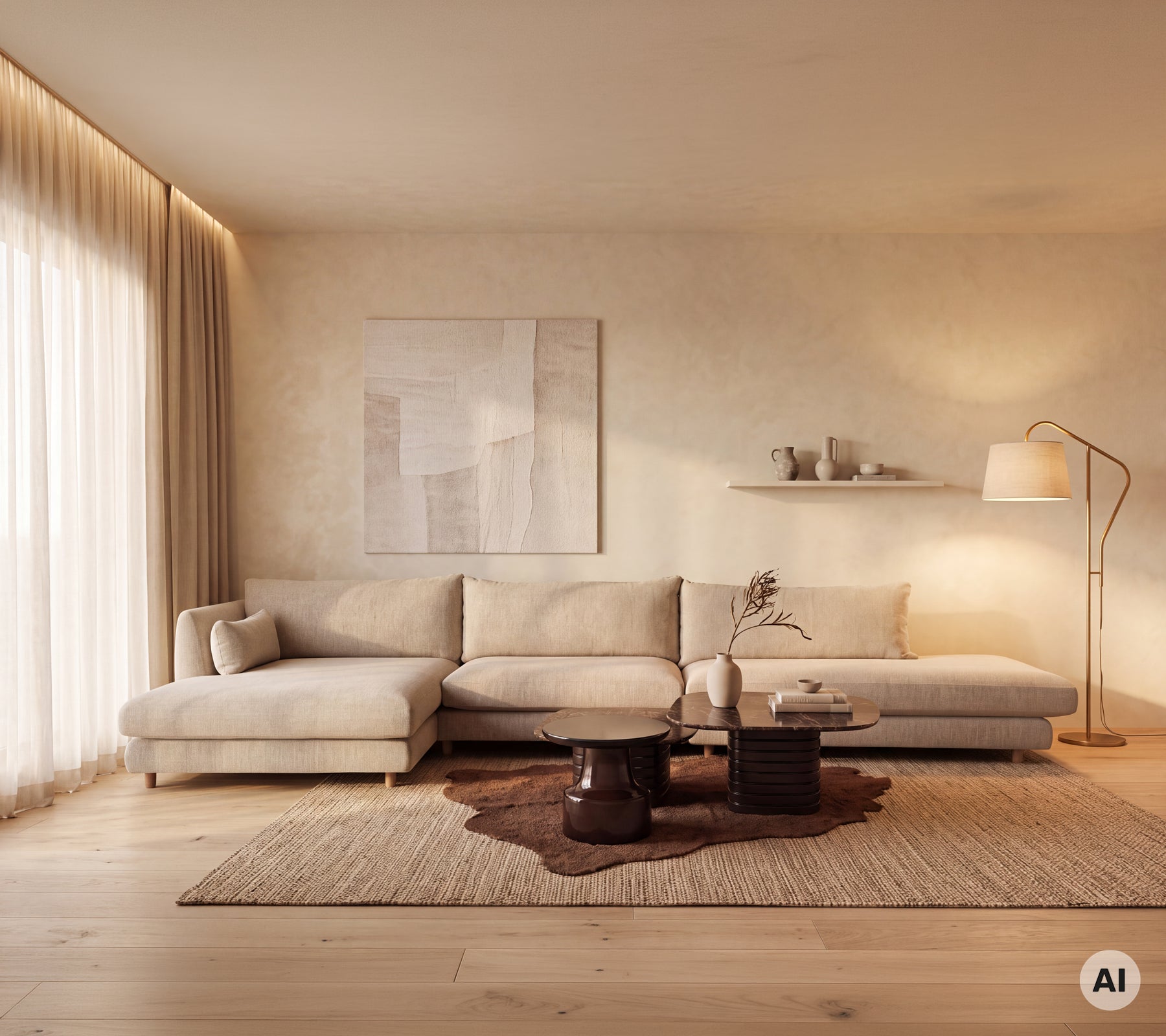 Canapé sectionnel beige avec une table basse en bois et un tapis marron dans un salon minimaliste.