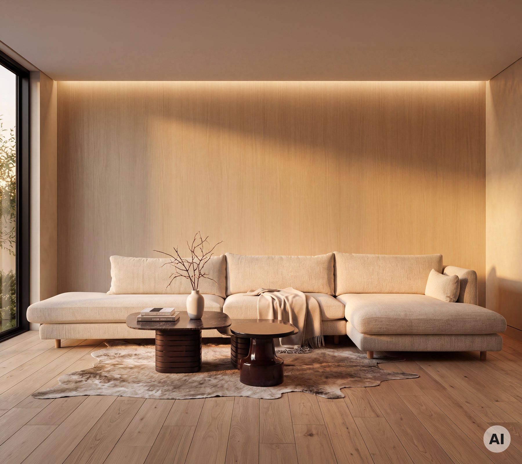 Salon moderne avec un canapé beige, une table ronde en bois et un tapis blanc.