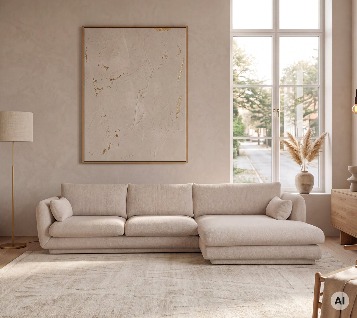 Canapé moderne beige dans un cadre de salon minimaliste avec de grandes fenêtres.