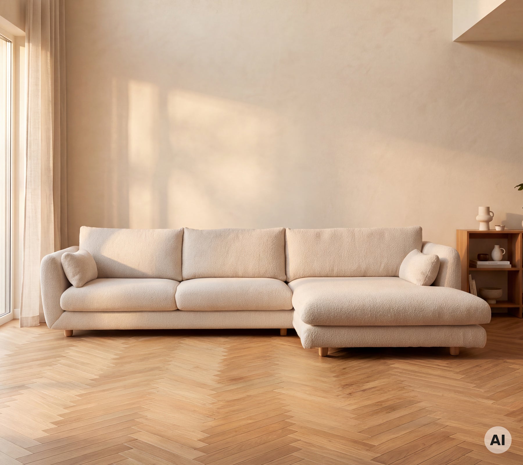 Sofa moderne beige positionnée dans un cadre de salon minimaliste avec un éclairage chaleureux.