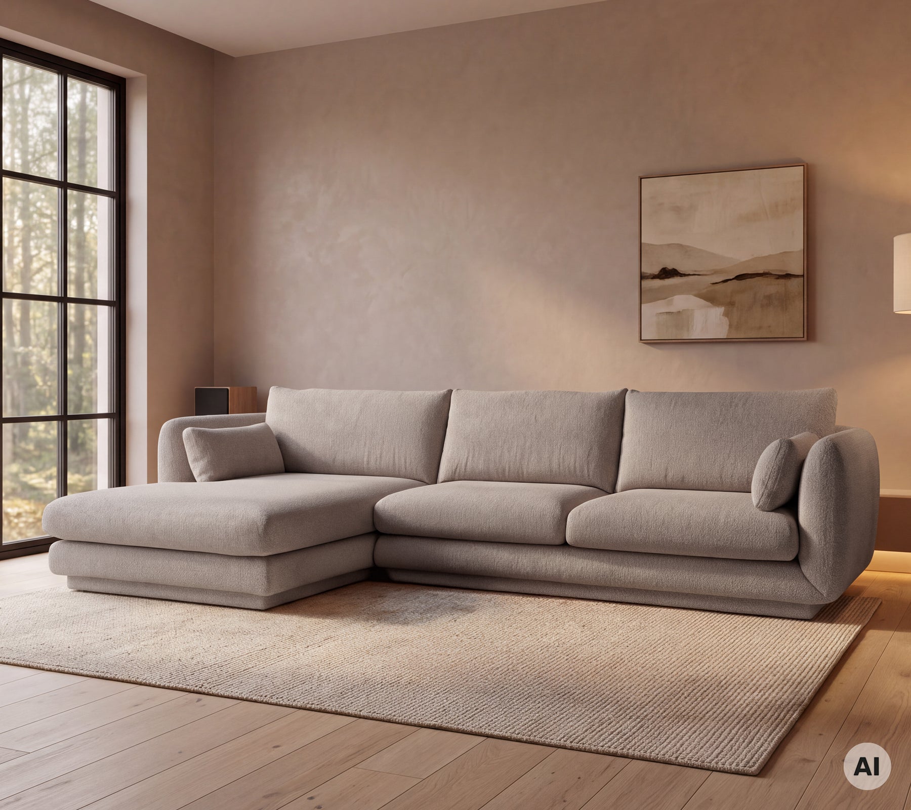 Sofa gris moderne dans un cadre de salon confortable avec une grande fenêtre.