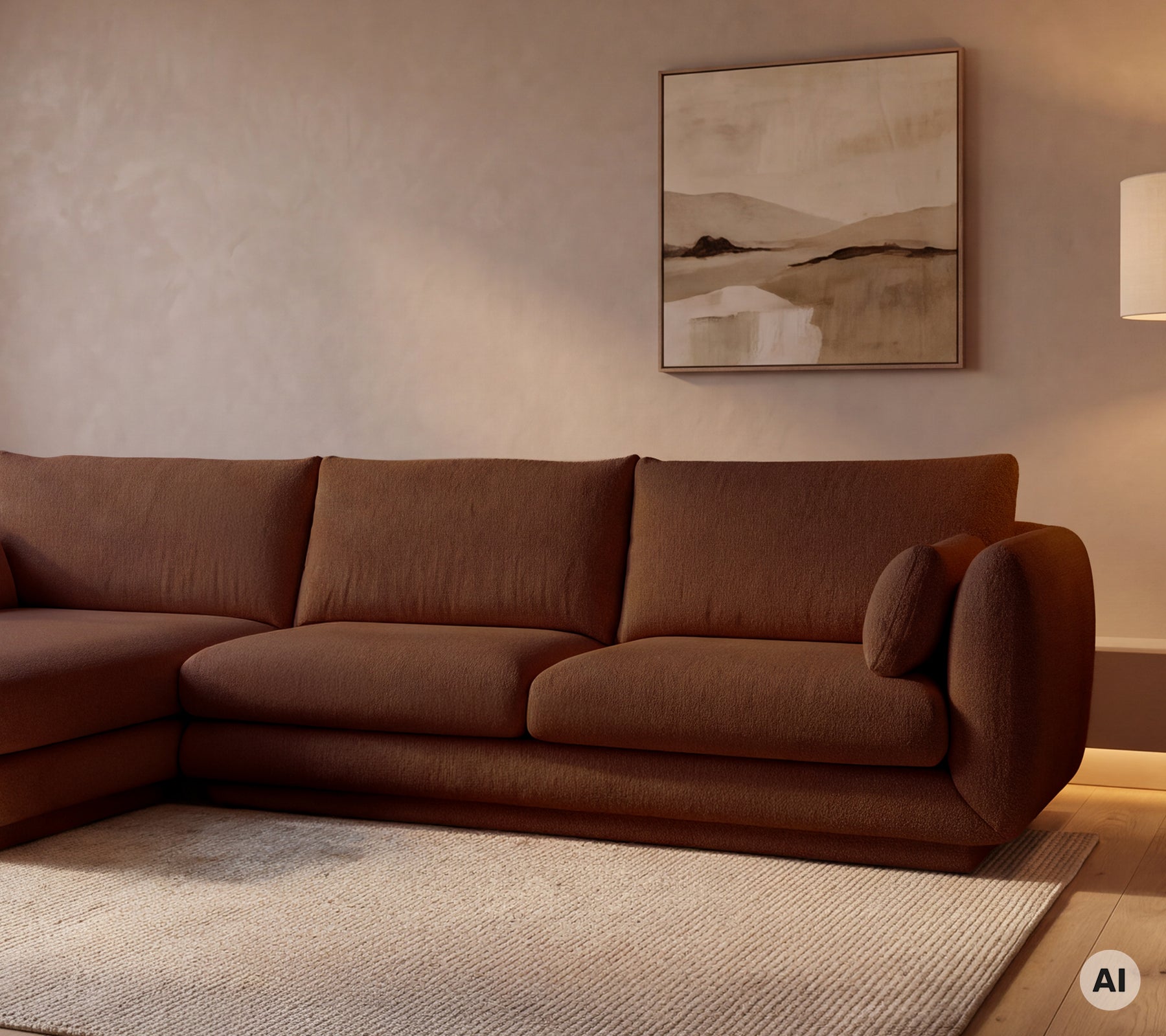Sofa marron moderne dans un cadre de salon élégant.