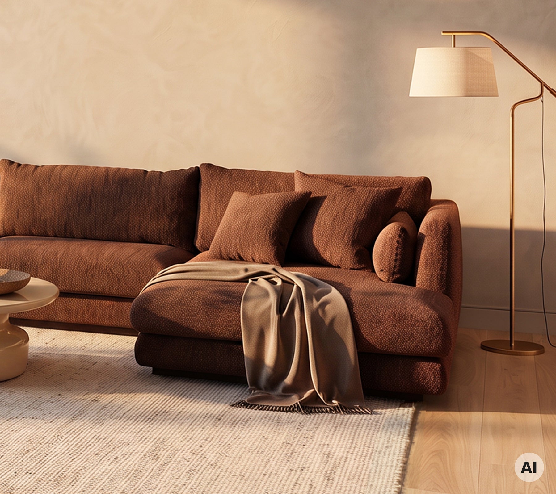 Canapé marron avec des coussins et une couverture à côté d'une table basse ronde et d'une lampe sur pied.