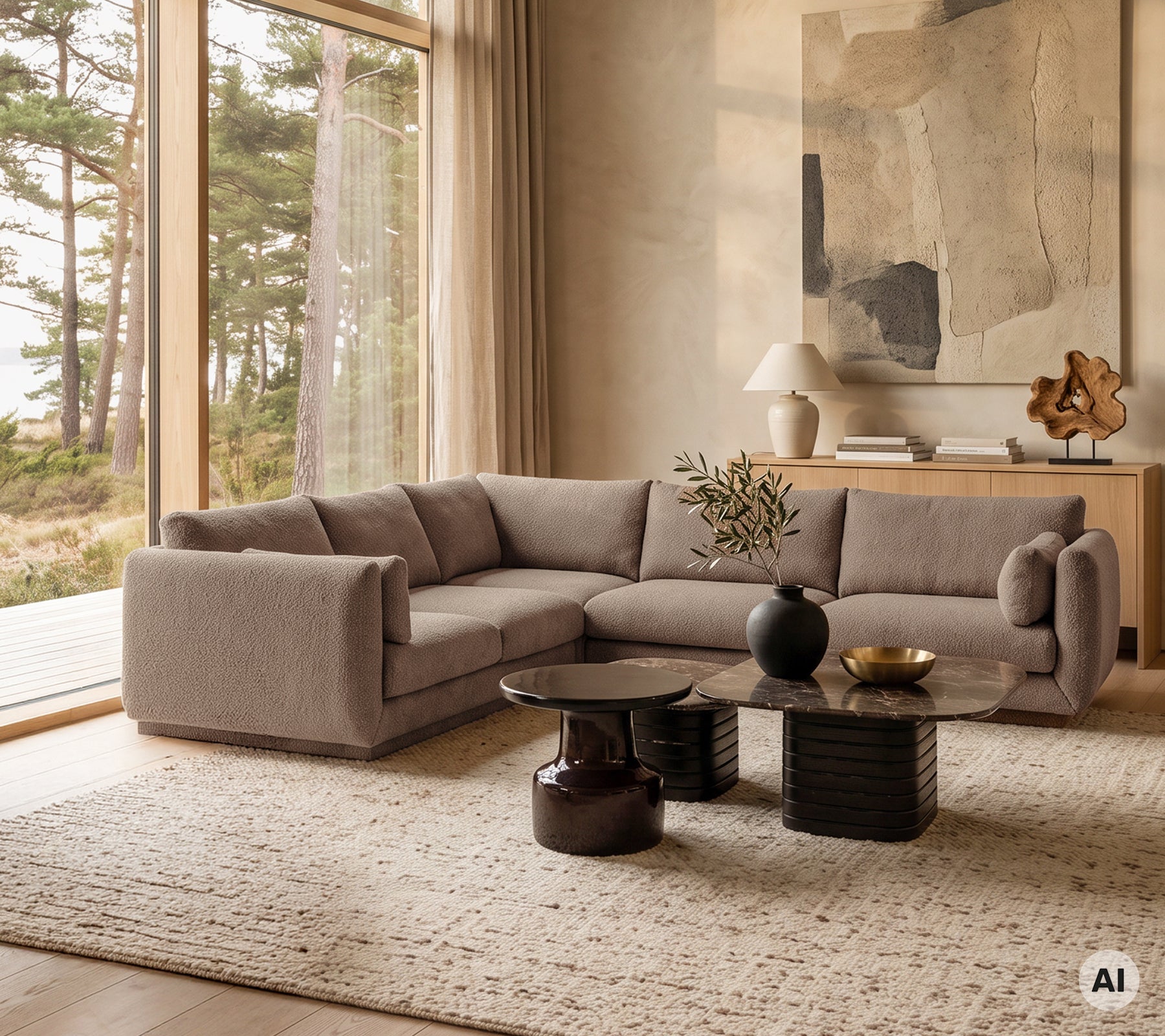 Salon moderne avec un canapé beige, une table noire et un tapis gris.