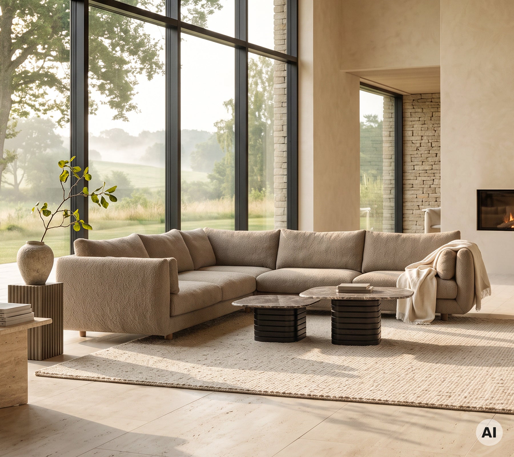 Canapé sectionnel beige avec couvre-lit gris, tables d'appoint noires et un vase rond dans un cadre de salon moderne.