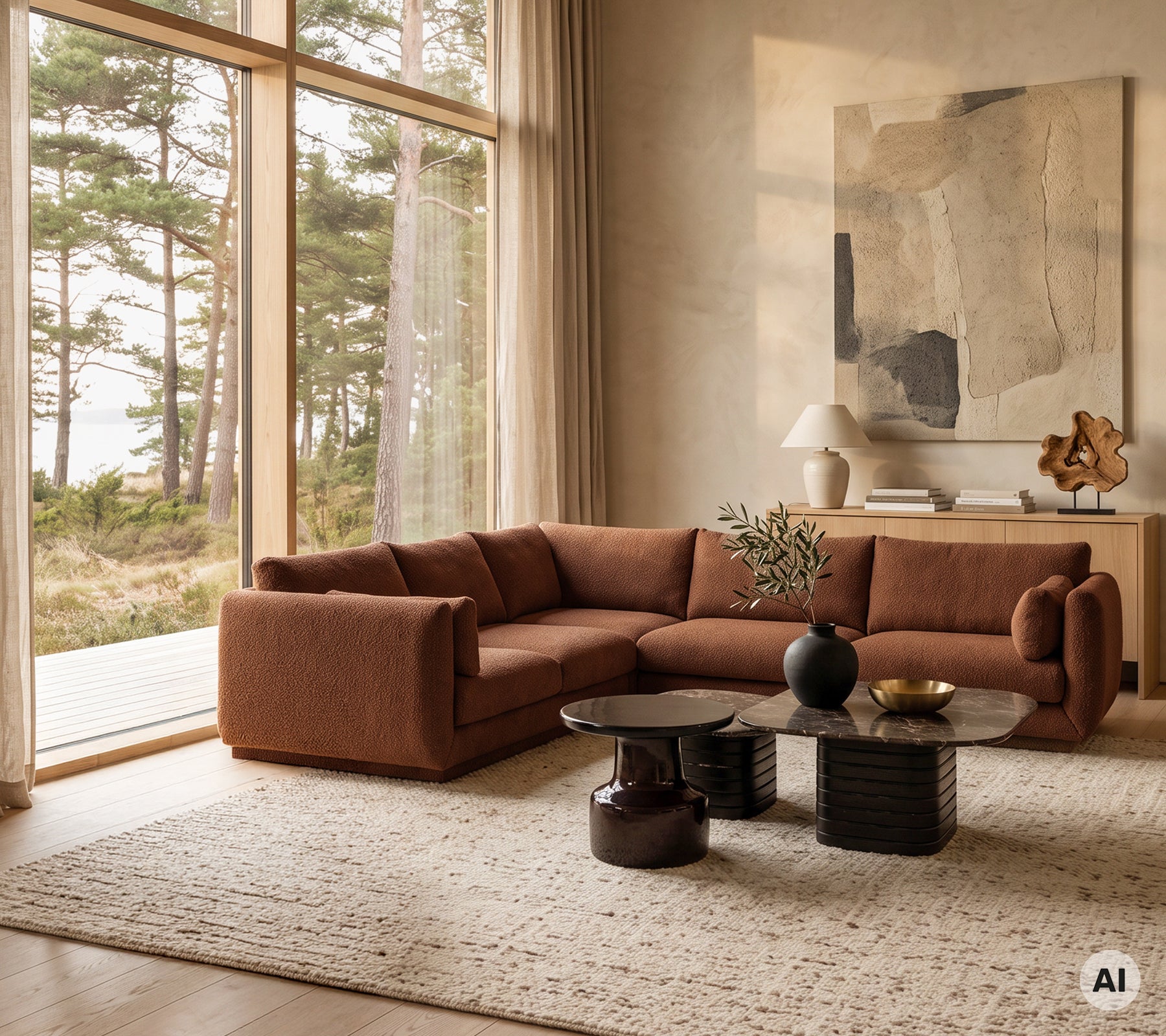 Sofa moderne marron avec une table basse noire et un vase décoratif dans un salon minimaliste.