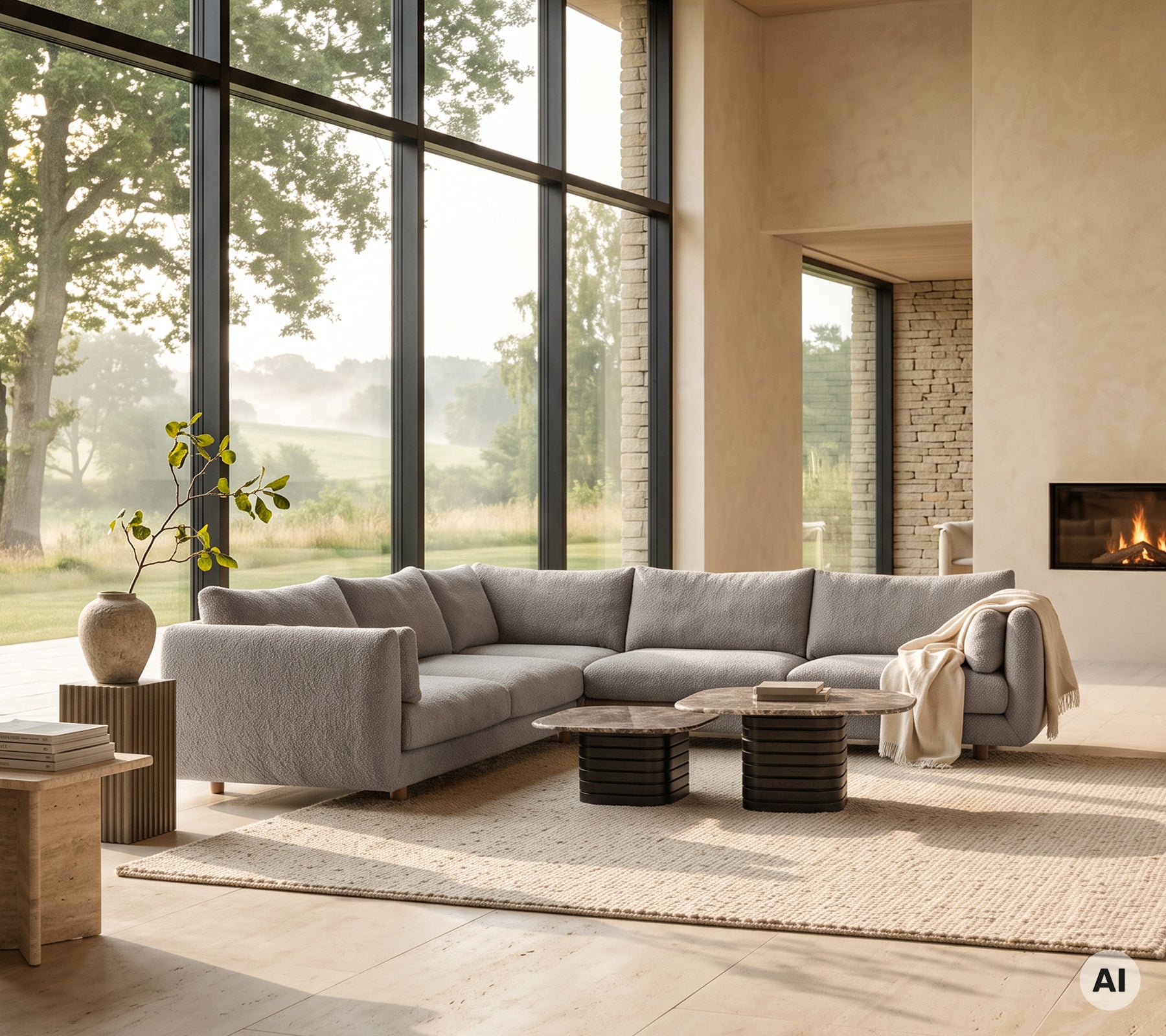 Salon moderne avec un canapé sectionnel gris, une table basse noire et un tapis beige.