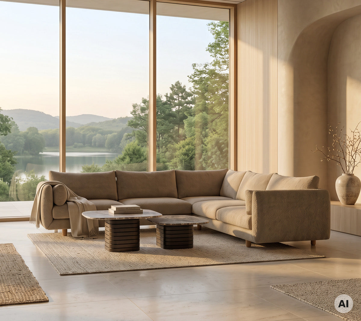Canapé sectionnel beige avec une table basse en bois et un tapis clair dans un cadre de salon moderne.