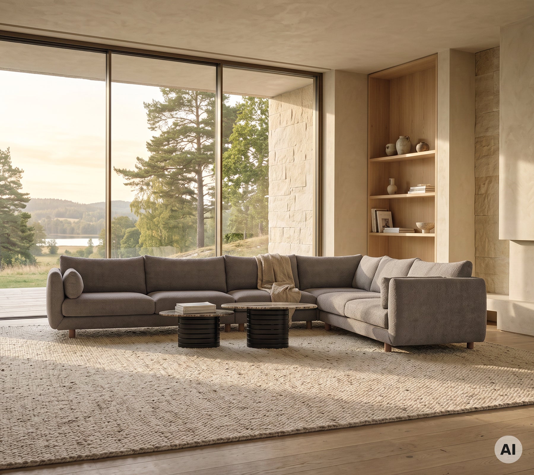 Sofa grise moderne associée à une table basse noire dans un salon spacieux.
