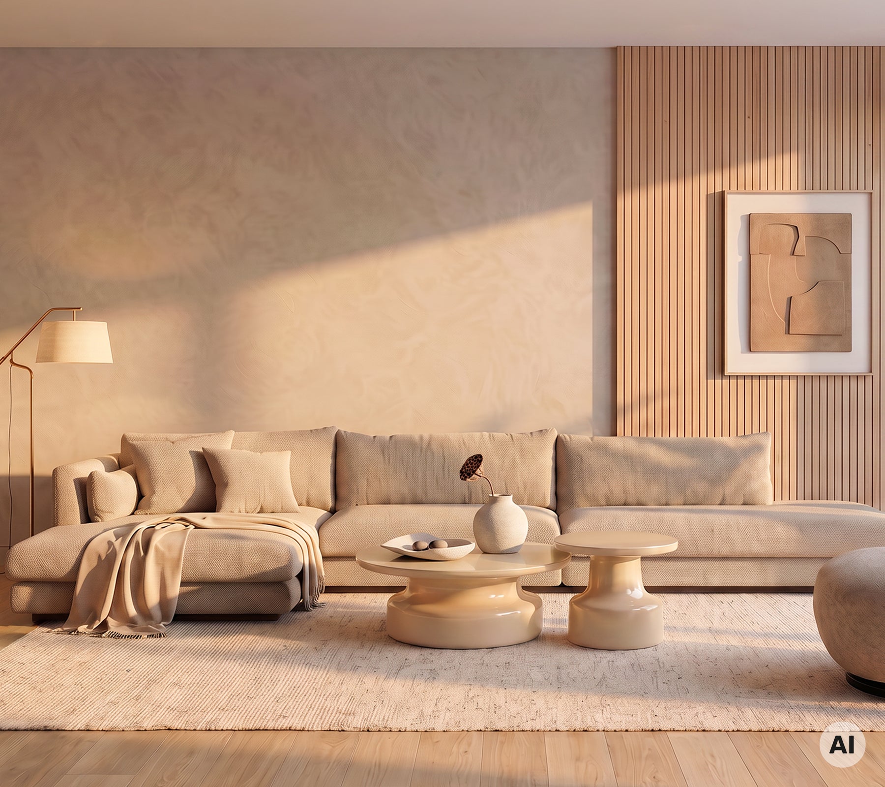 Sofa beige avec des coussins et une table basse ronde dans un cadre de salon moderne.