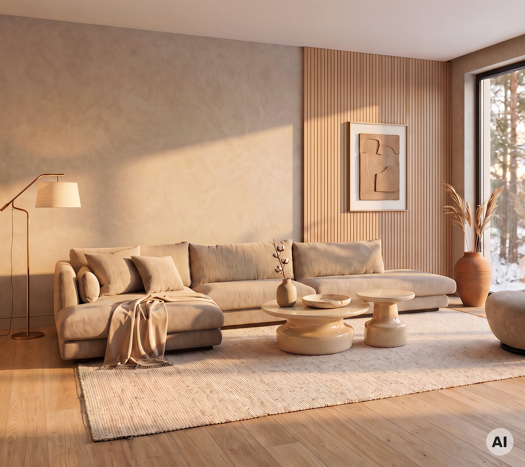 Salon moderne avec un canapé beige, un tapis beige clair, une table basse en bois et un pouf beige.