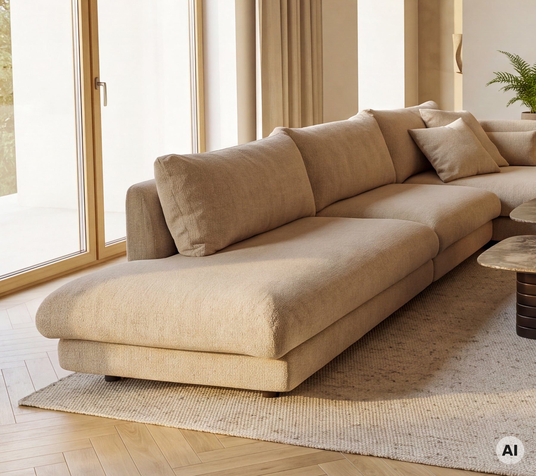 Module de canapé chaiselongue beige avec coussins dans un cadre de salon moderne.