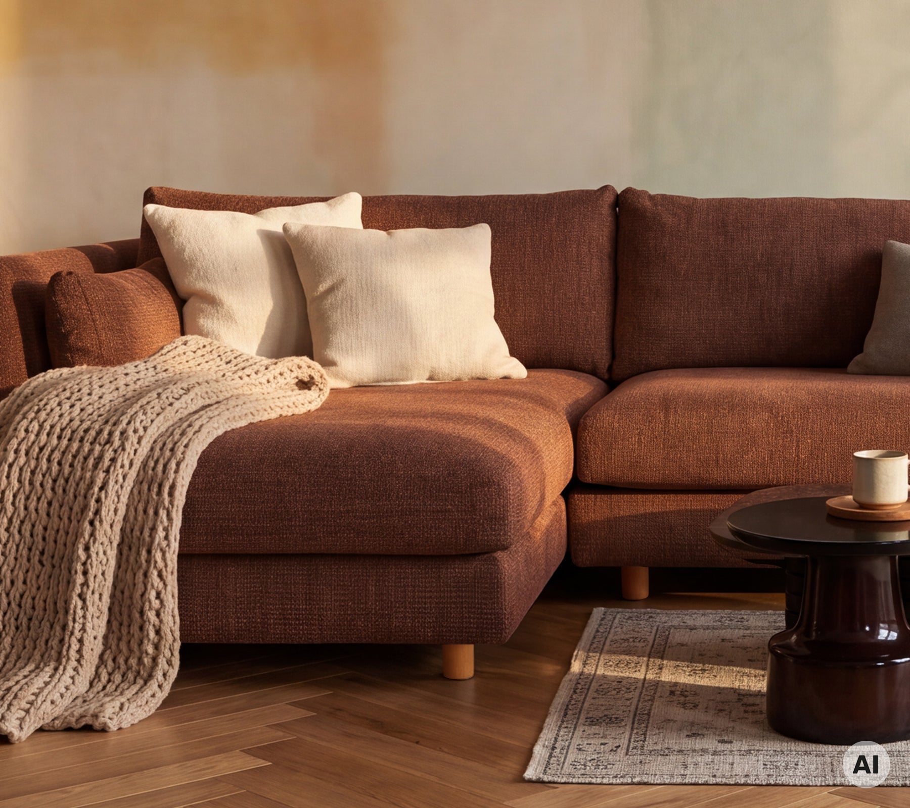 Canapé marron confortable avec des coussins blancs et une couverture beige dans un cadre de salon moderne.