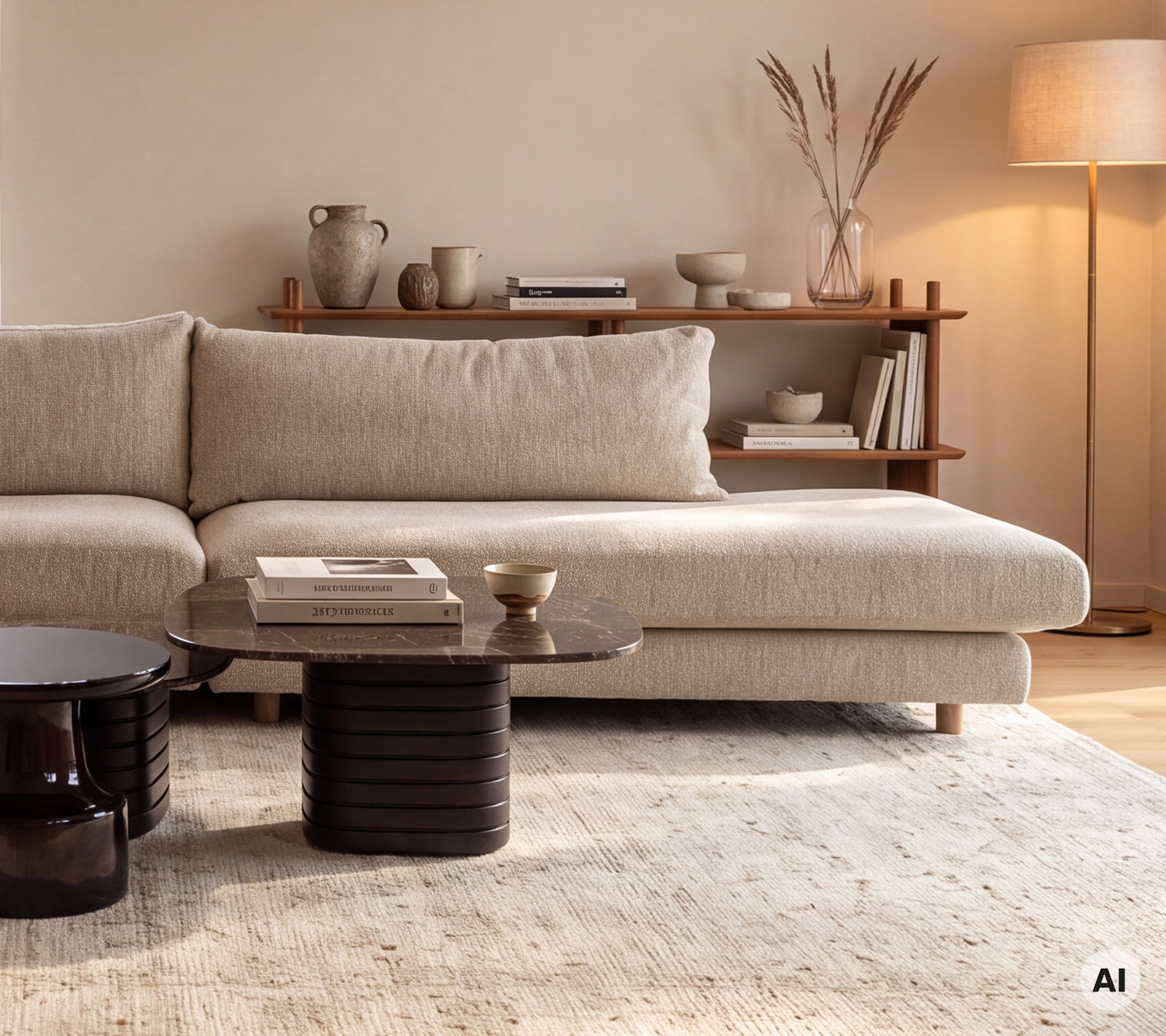 Canapé beige associé à une table noire dans un cadre moderne de salon.