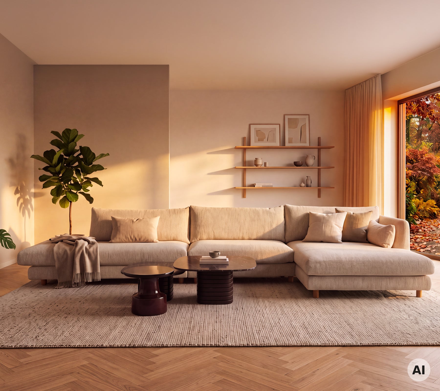 Sofa beige avec une table ronde noire et une plante verte dans un cadre de salon moderne.