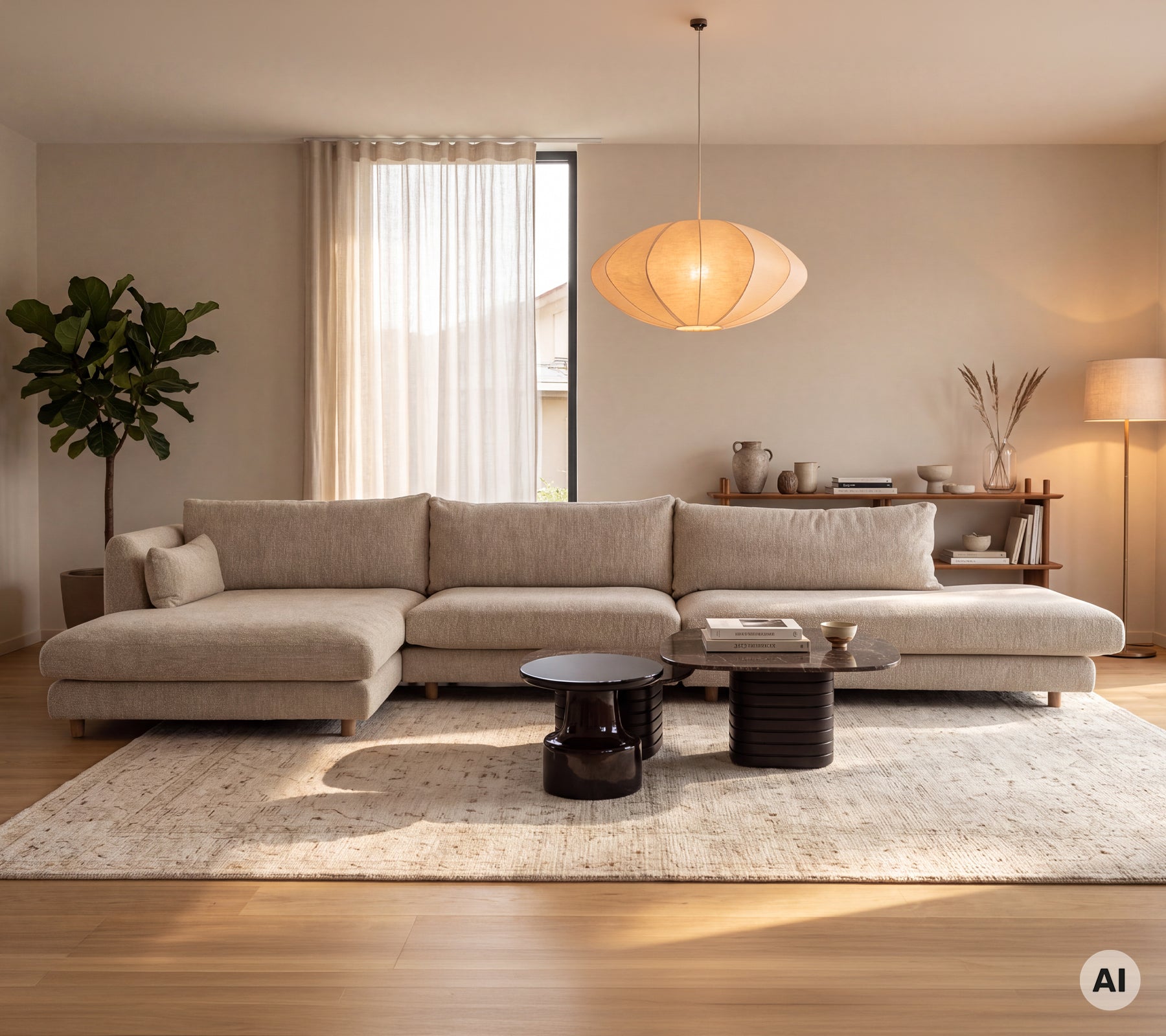 Salon moderne avec un module de canapé clair et des tables basses noires dans un cadre minimaliste.