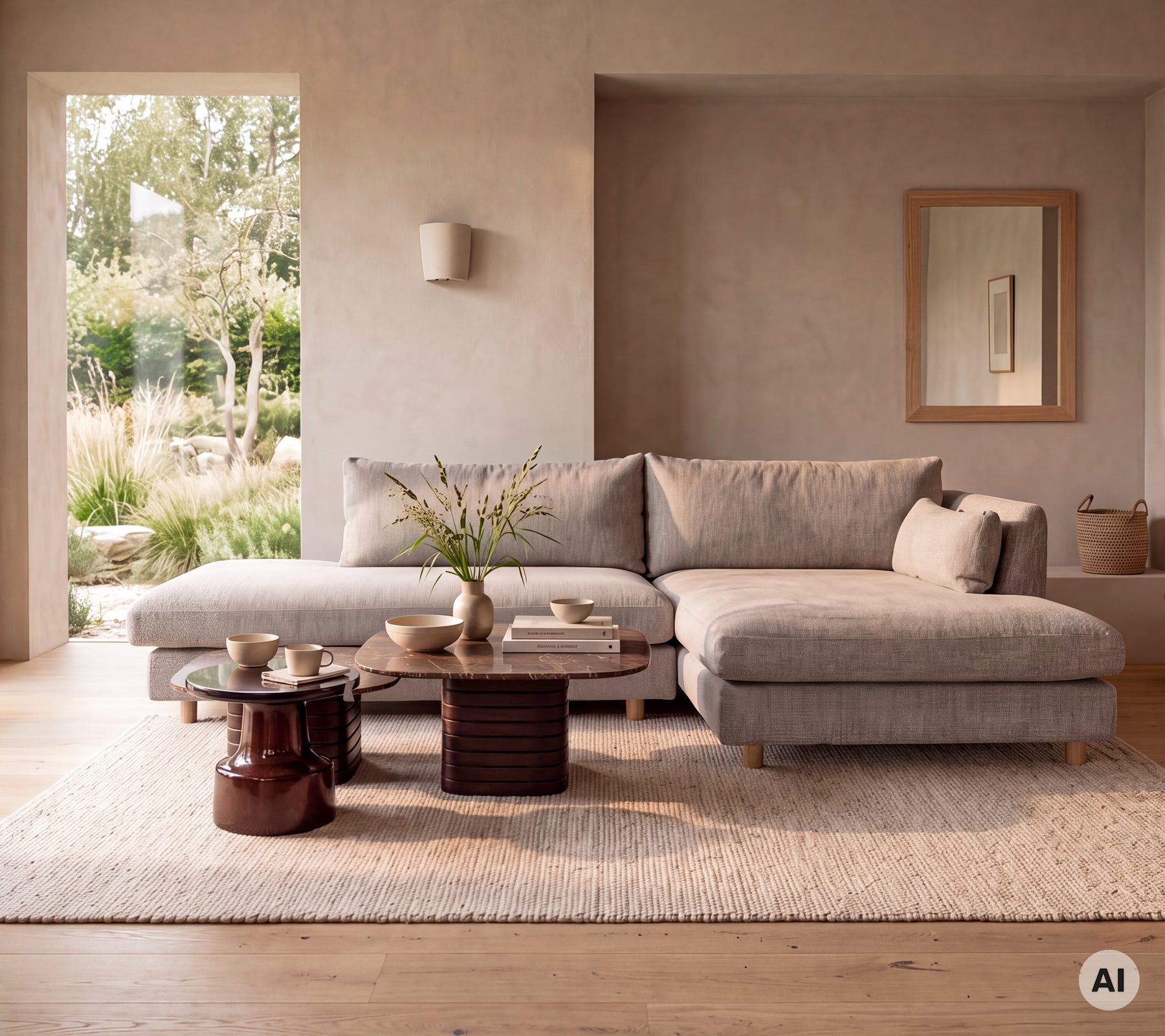 Canapé gris moderne avec table en bois et vase blanche dans un cadre de salon minimaliste.