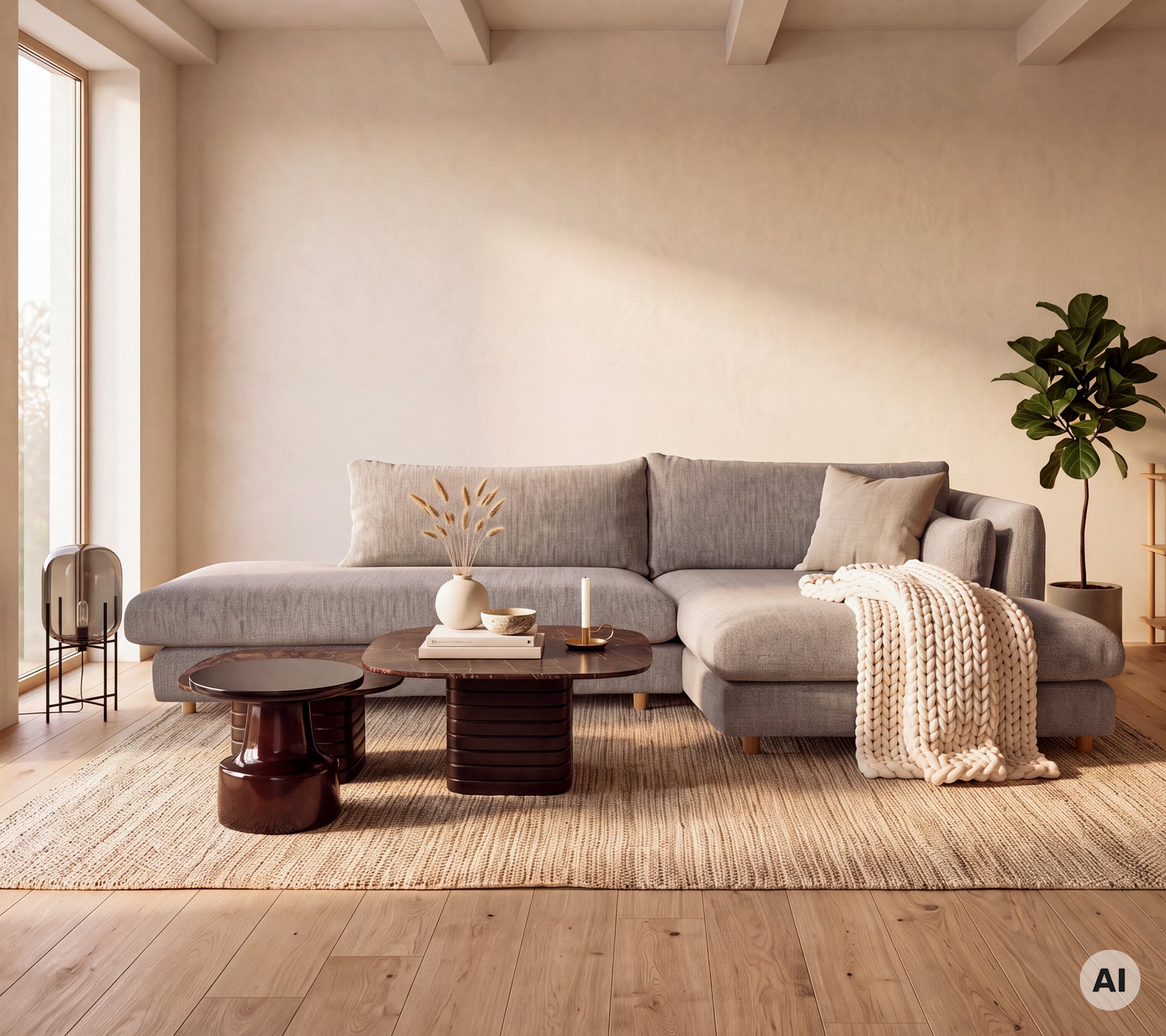 Canapé d'angle gris moderne avec une table basse en bois et un plaid crème dans un salon élégant.
