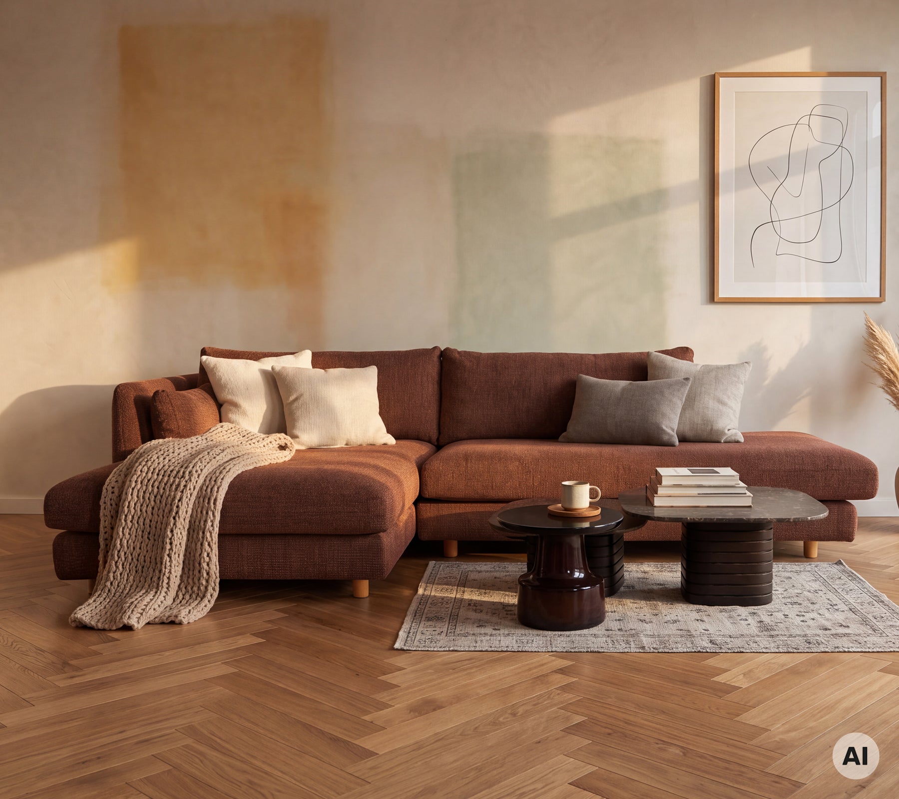 Salon moderne avec un canapé marron, des coussins gris et une table basse noire.