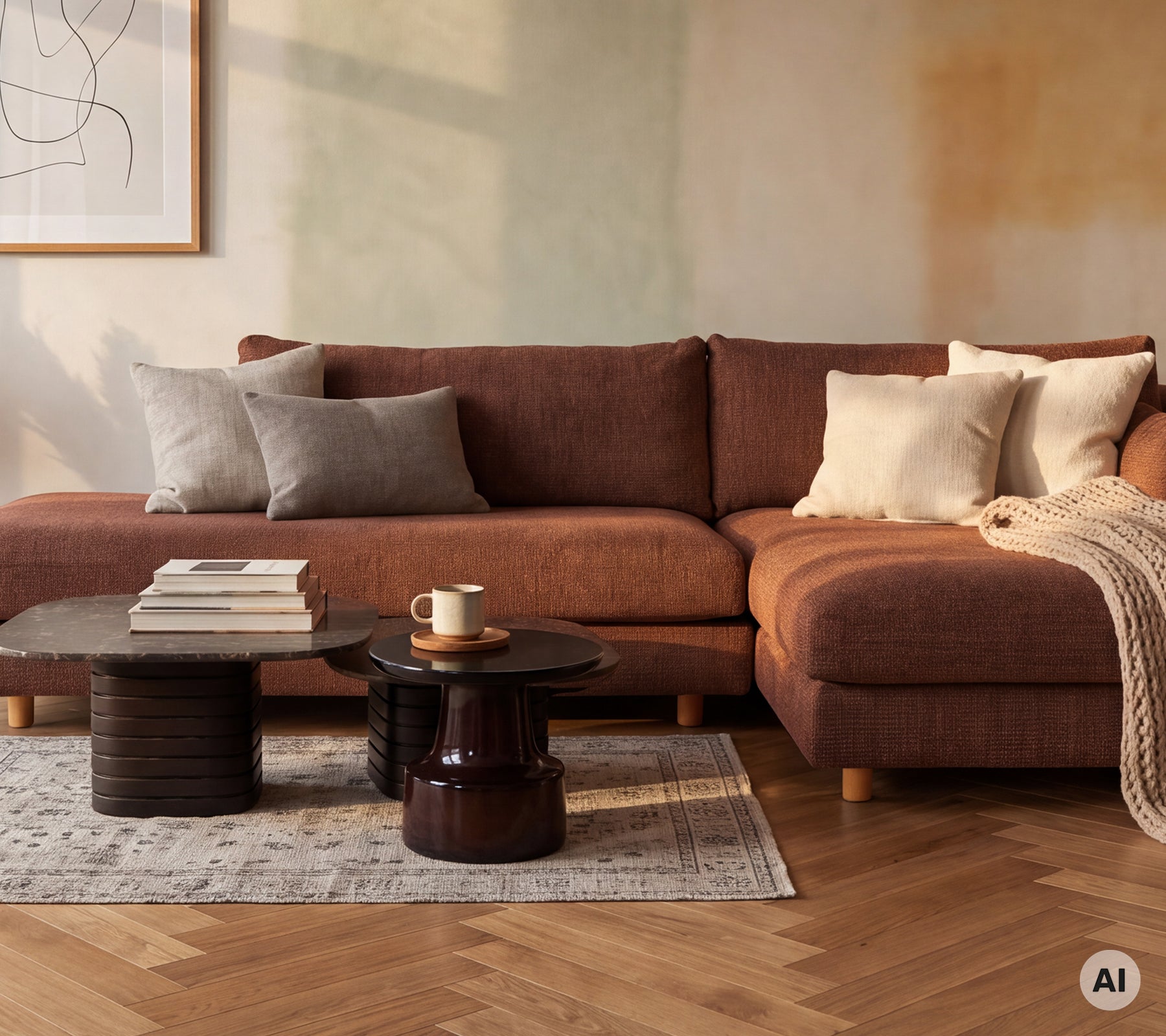 Espace salon confortable avec un canapé marron, des coussins gris et crème et une table noire.