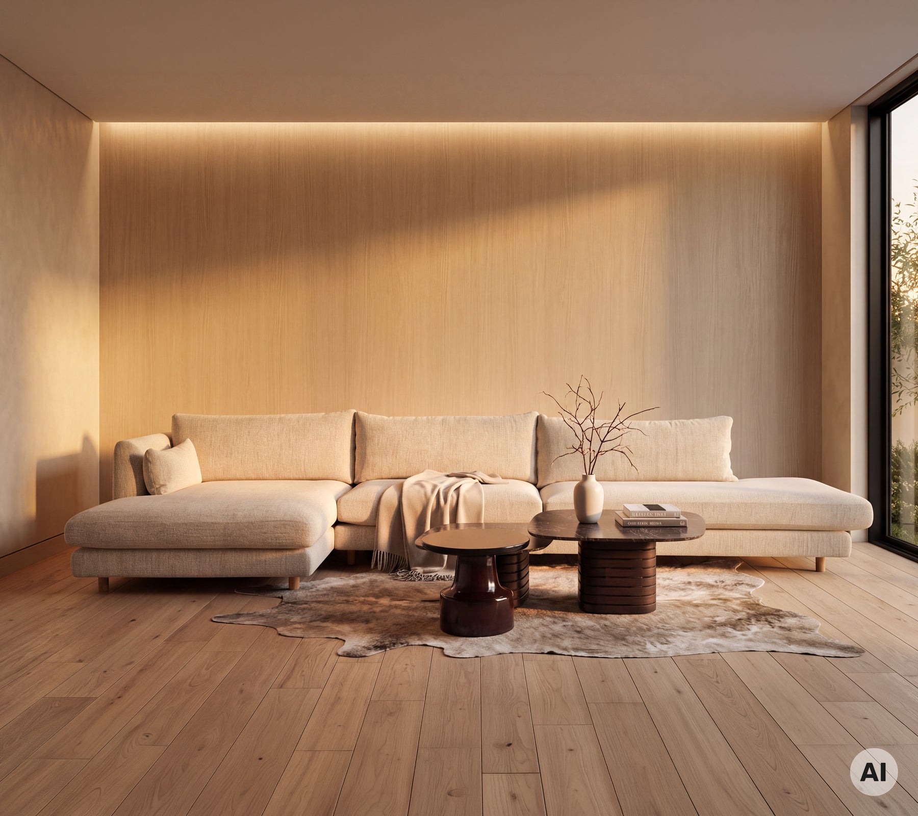 Espace lounge contemporain avec un canapé crème et une table basse en bois sur un tapis.