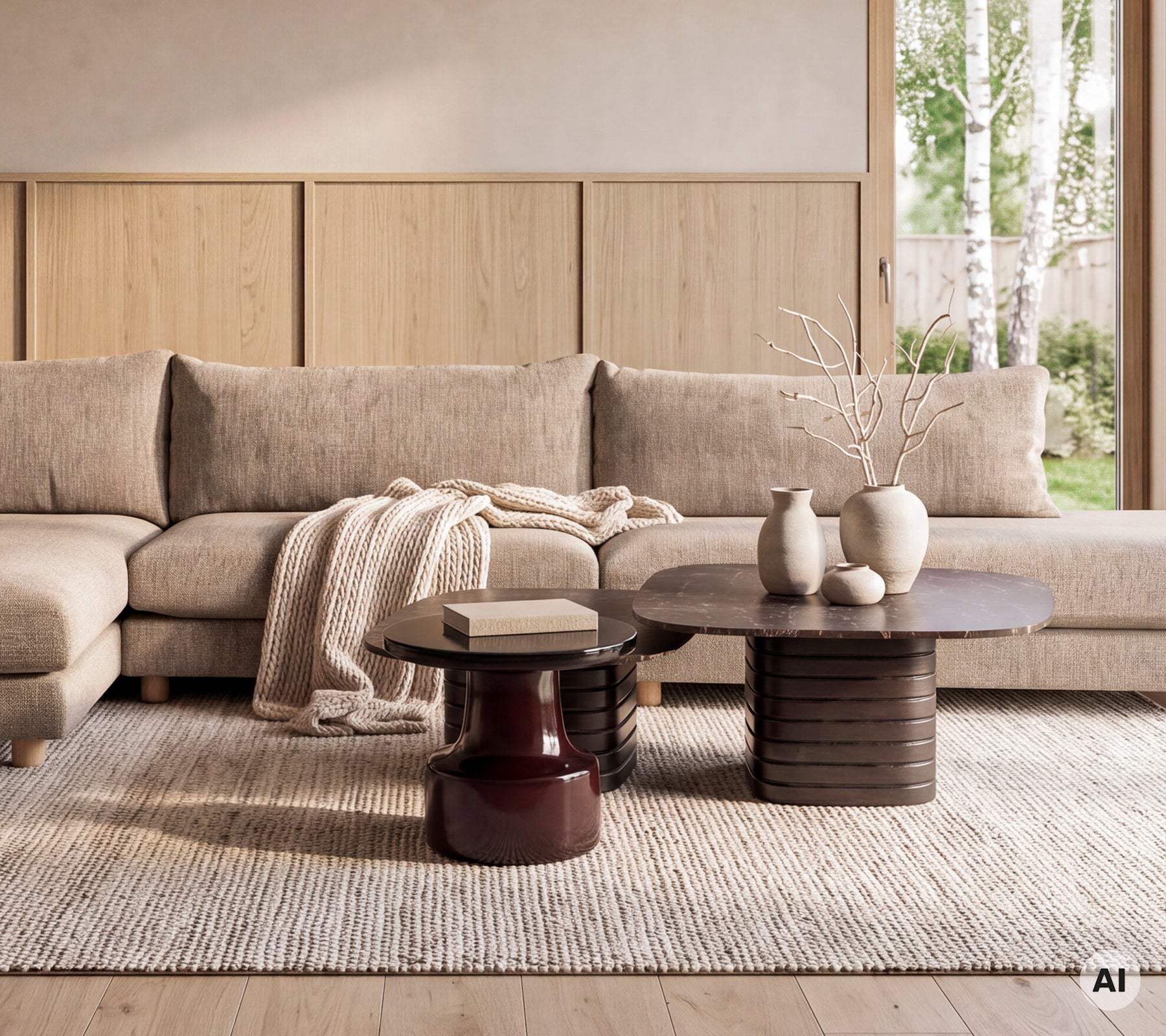 Espace de détente moderne avec un canapé beige, des tables rondes marron et rouges avec des vases décoratifs.