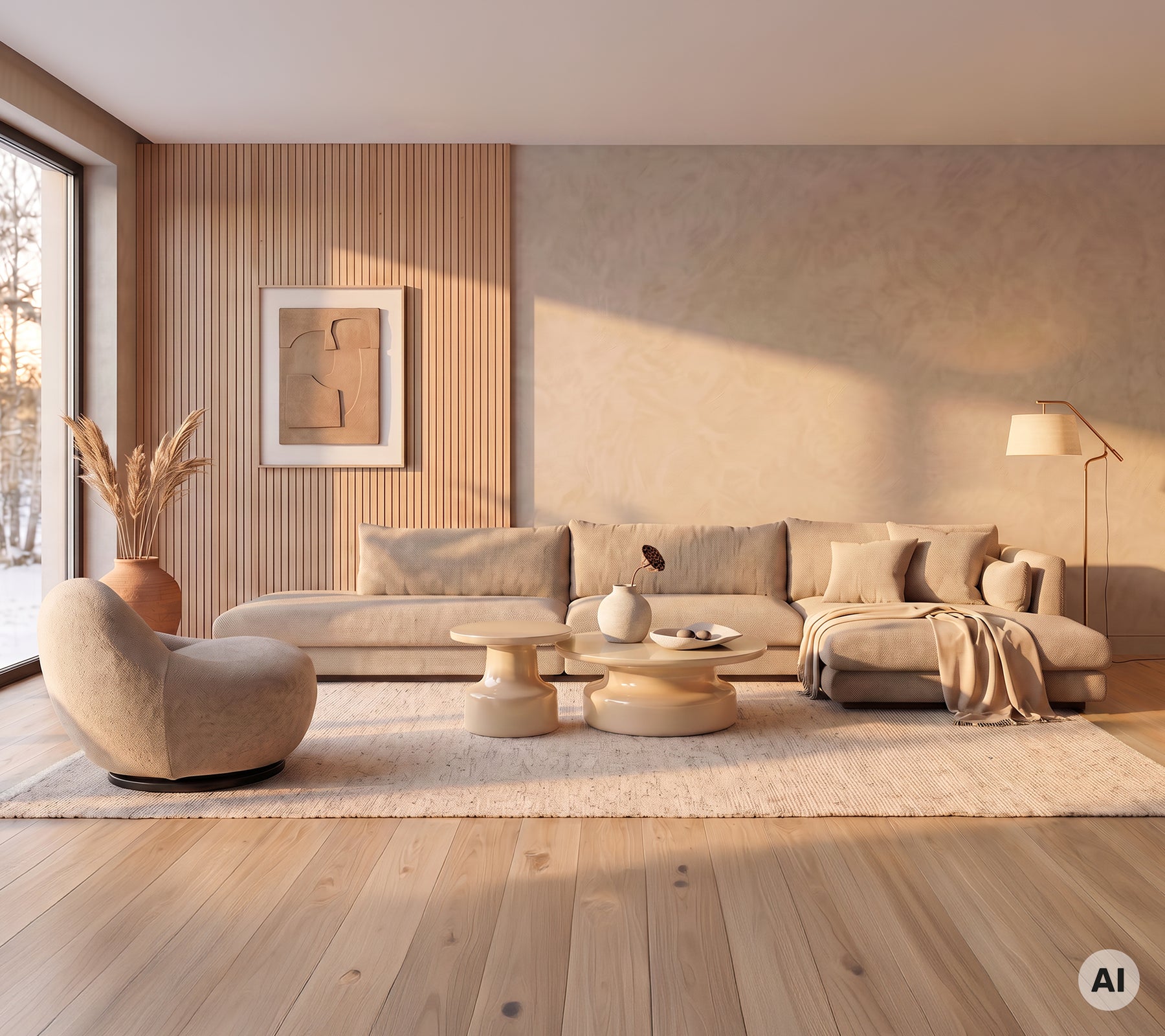 Canapé beige et chaise longue avec table basse ronde dans un cadre de lounge moderne.