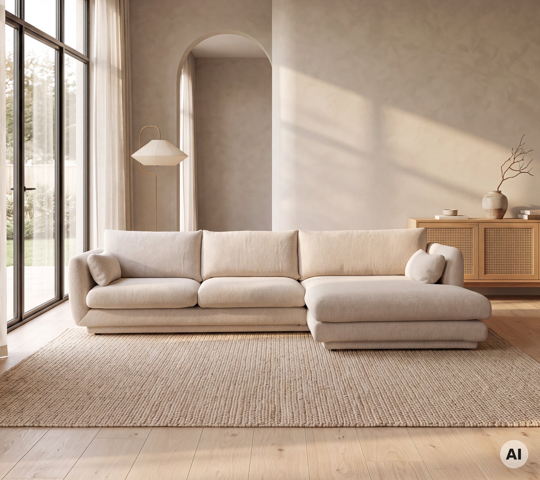 Canapé beige moderne dans un salon minimaliste avec un tapis.