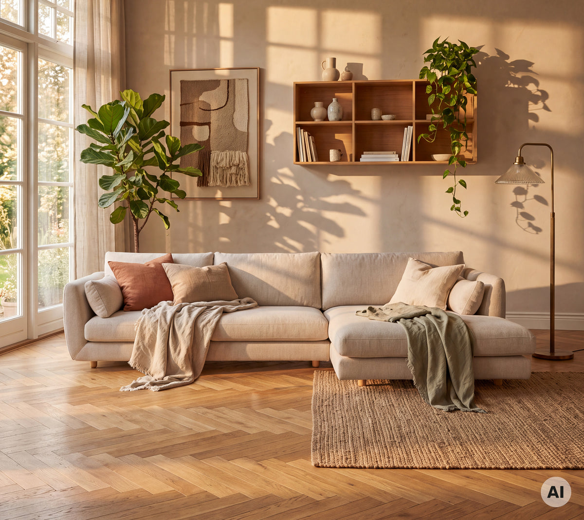 Salon moderne et confortable avec un canapé beige, un coussin rose, une couverture verte et un tapis brun.