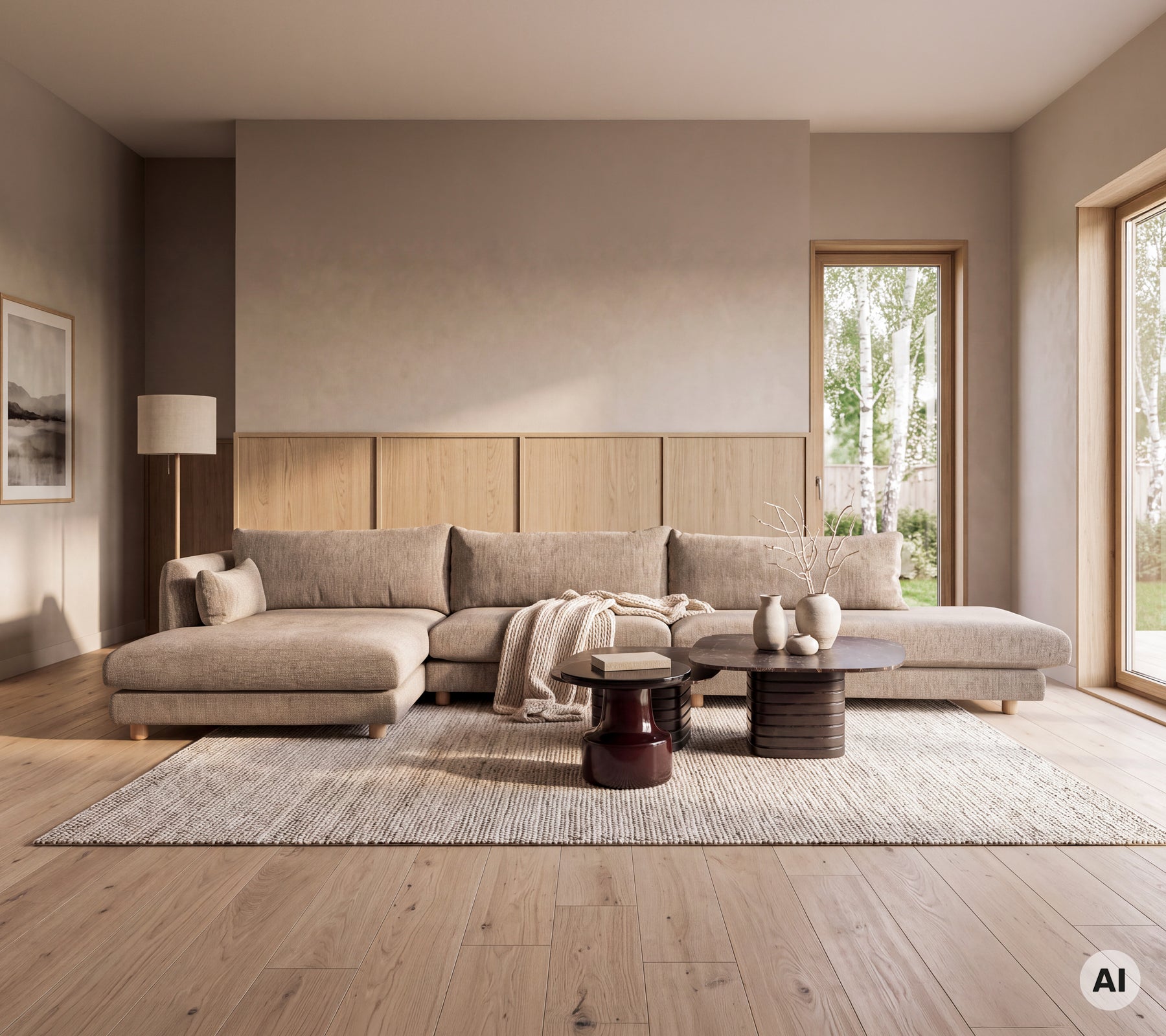Salon moderne avec un canapé, une table d’appoint en bois et un tapis dans un cadre minimaliste.