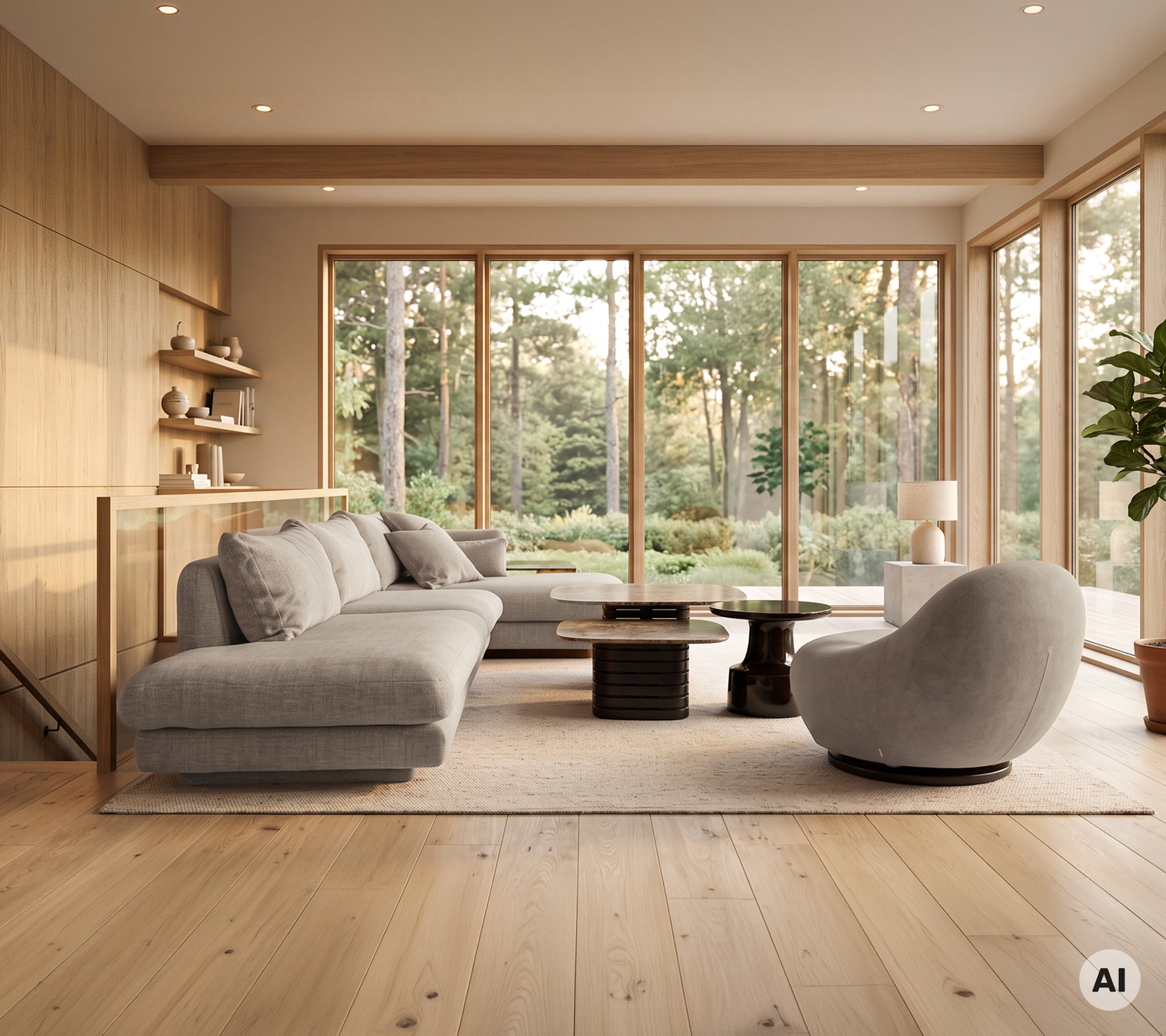 Salon moderne avec canapé d'angle gris, table basse noire et fauteuil blanc.