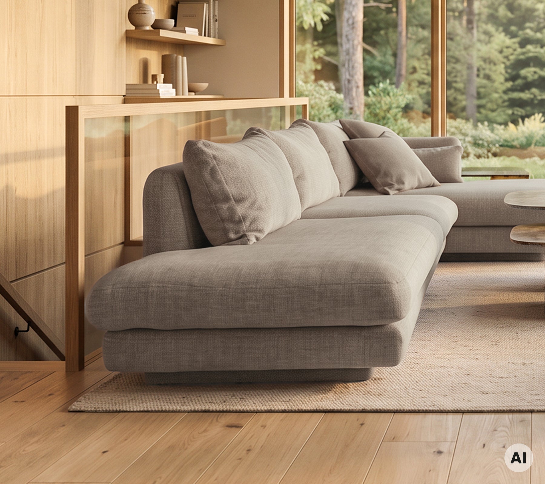 Canapé gris moderne avec des coussins assortis dans un cadre de salon minimaliste.