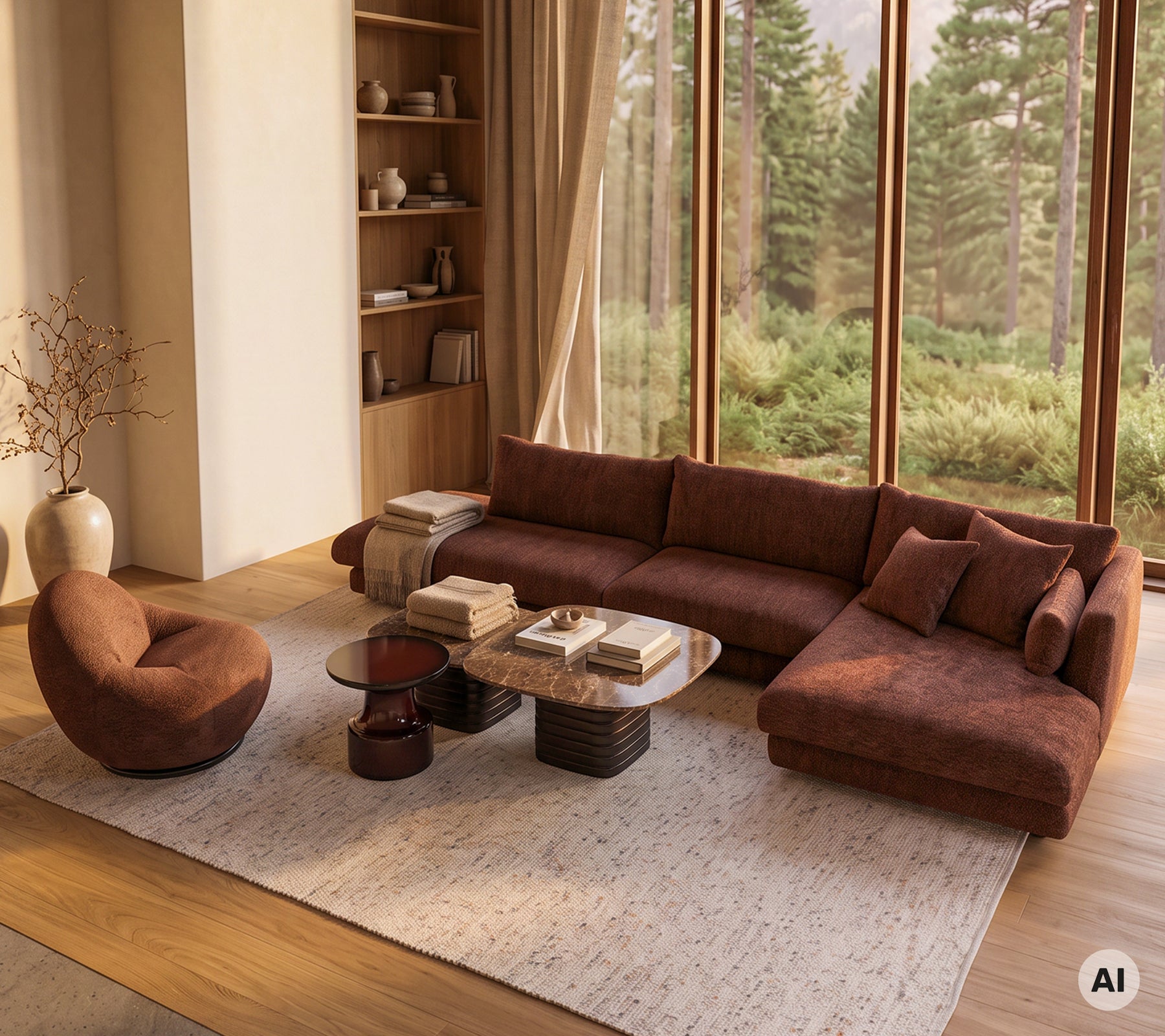 Ambiance lounge cosy avec un canapé chaiselongue marron, une chaise d'appoint et une table basse ronde.