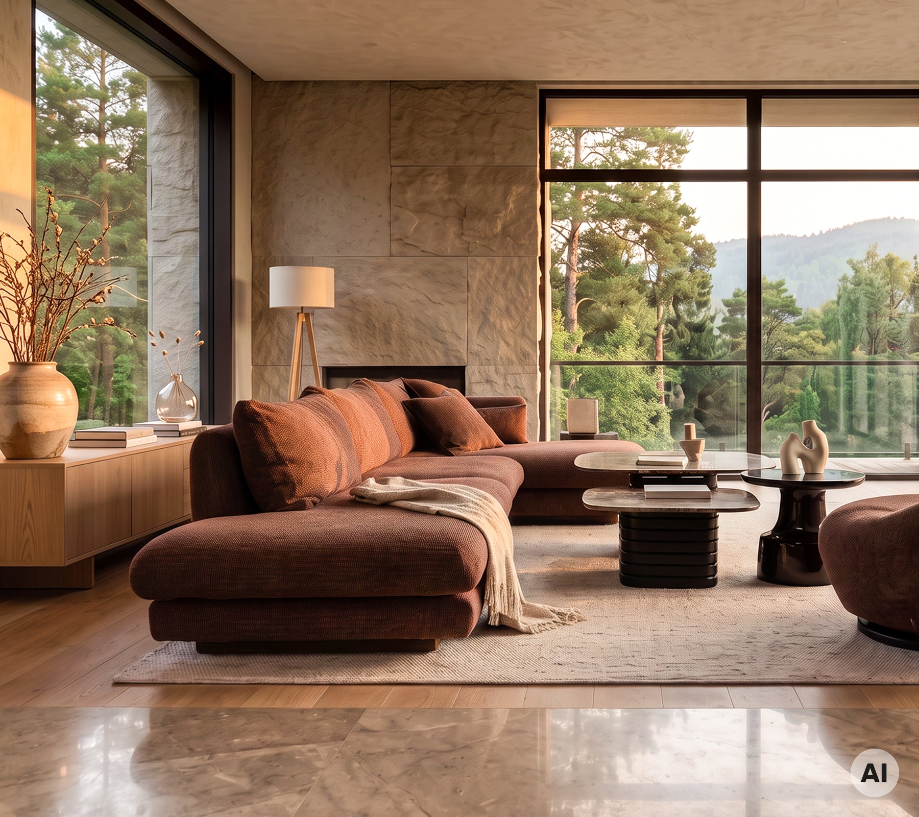 Salon moderne avec un canapé marron et une table basse élégante.