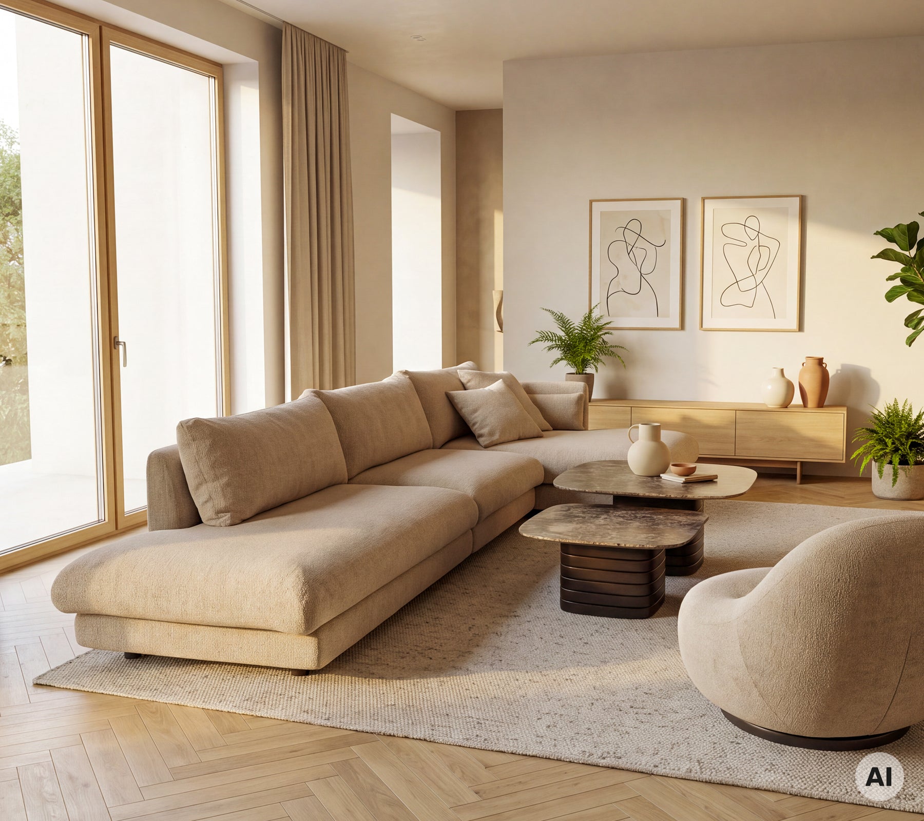 Canapé beige et fauteuil avec une table basse ronde dans un cadre de salon moderne.