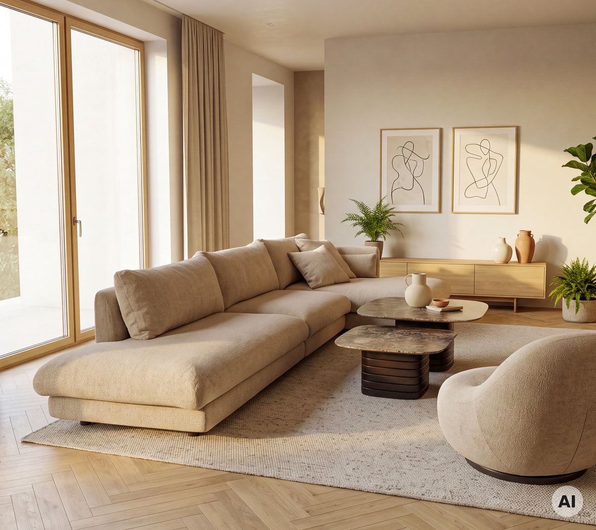Canapé beige et fauteuil avec une table basse ronde dans un cadre de salon moderne.