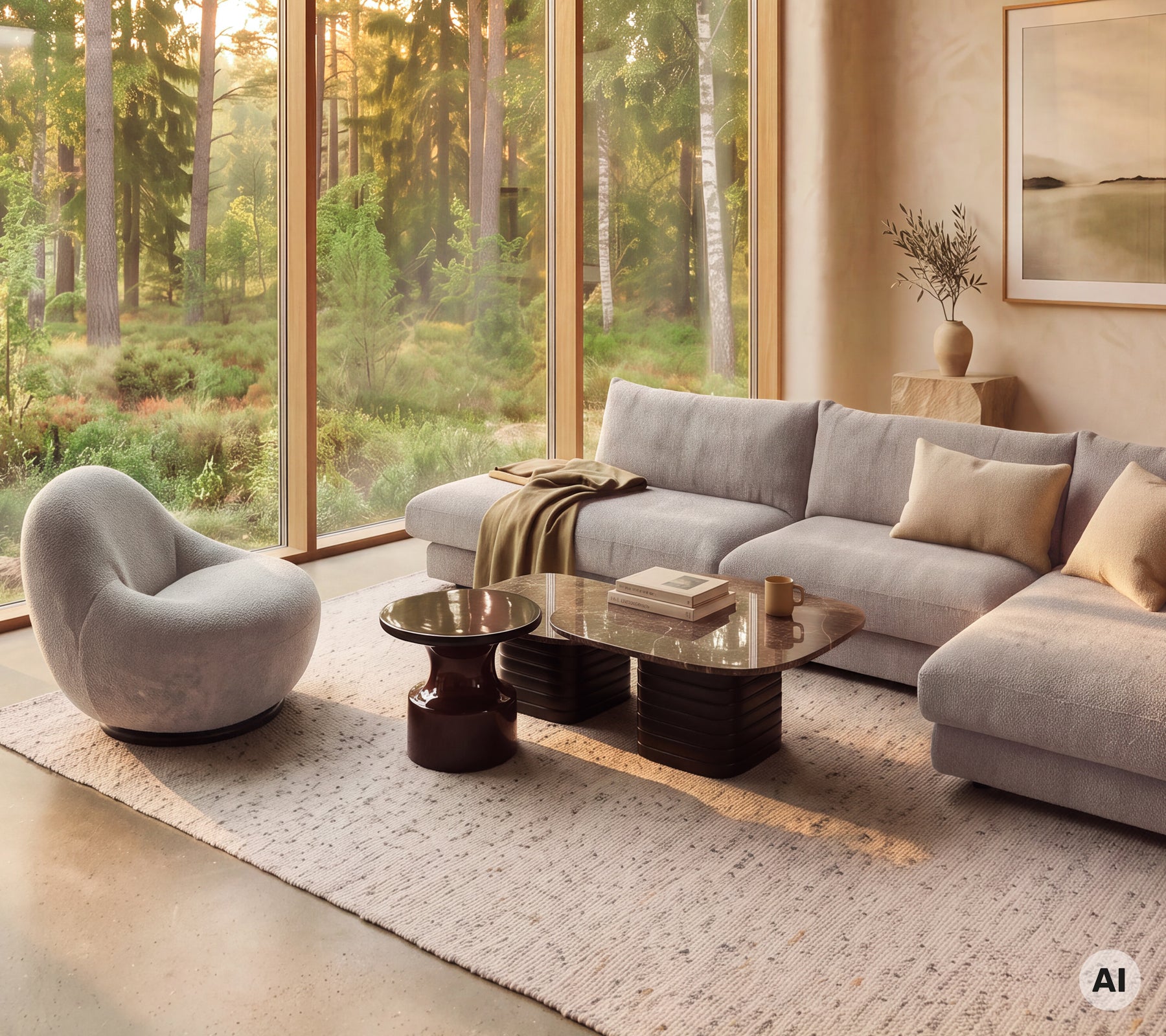 Espace lounge moderne avec un canapé gris, des coussins beiges, une table basse ronde et une chaise courbée.